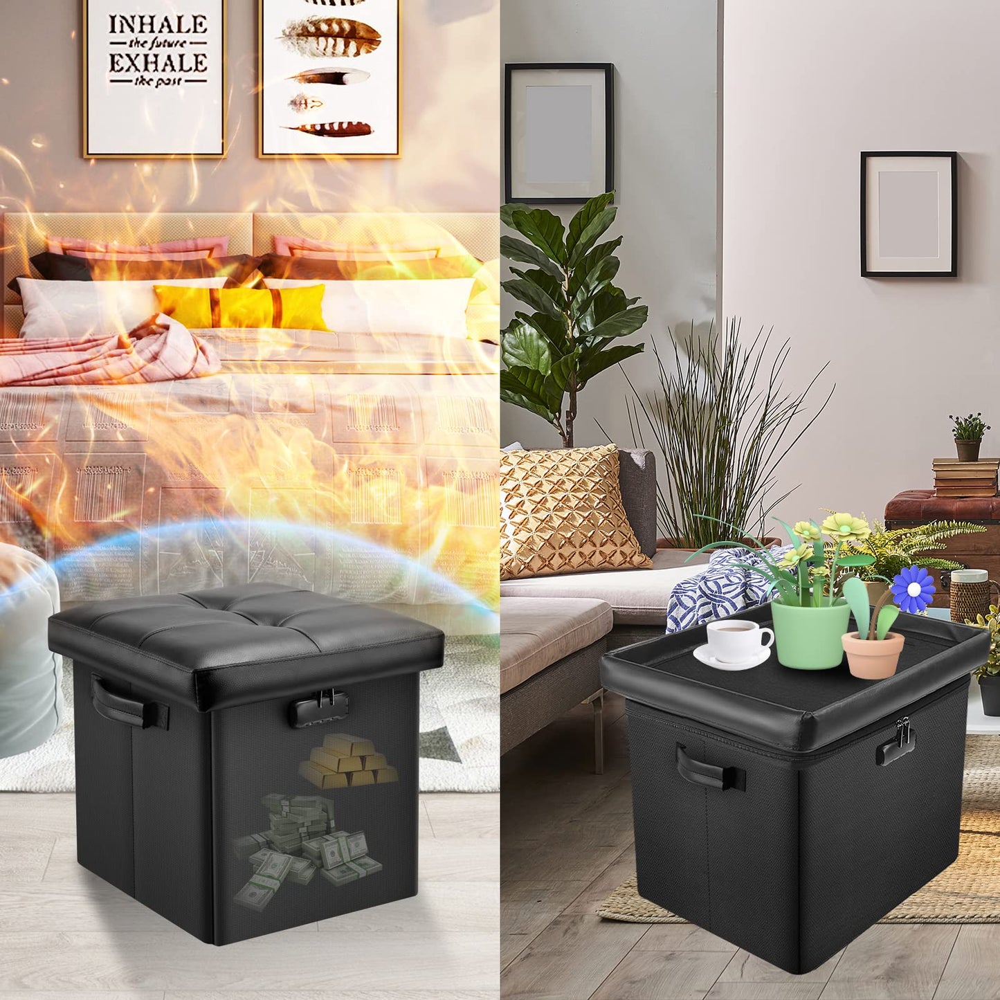 Storage stool with lock Fireproof folding ottoman Storage box with storage for important documents Waterproof 43.18 cm Short ottoman with handle JOOFIRE
