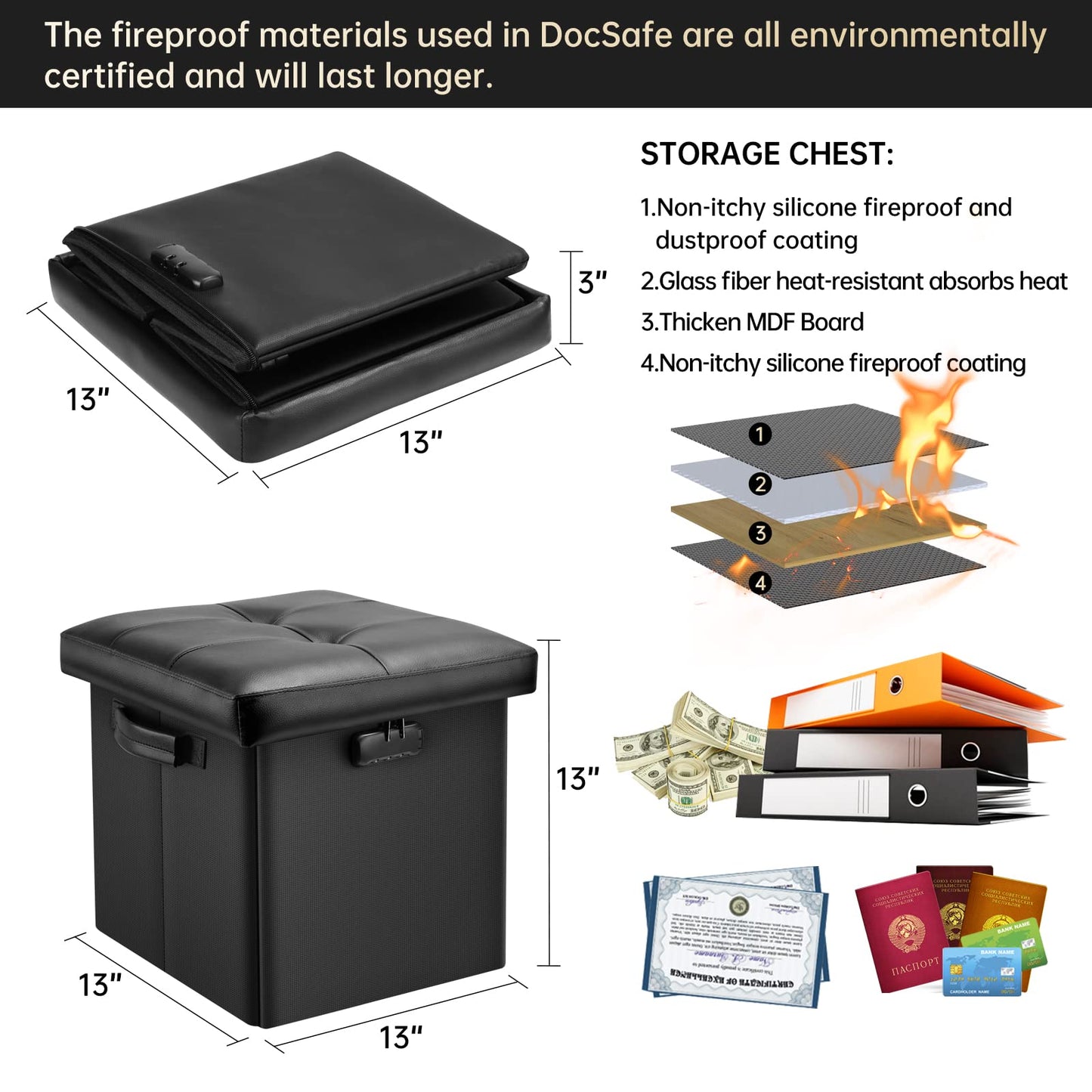 Storage stool with lock Fireproof folding ottoman Storage box with storage for important documents Waterproof 43.18 cm Short ottoman with handle JOOFIRE