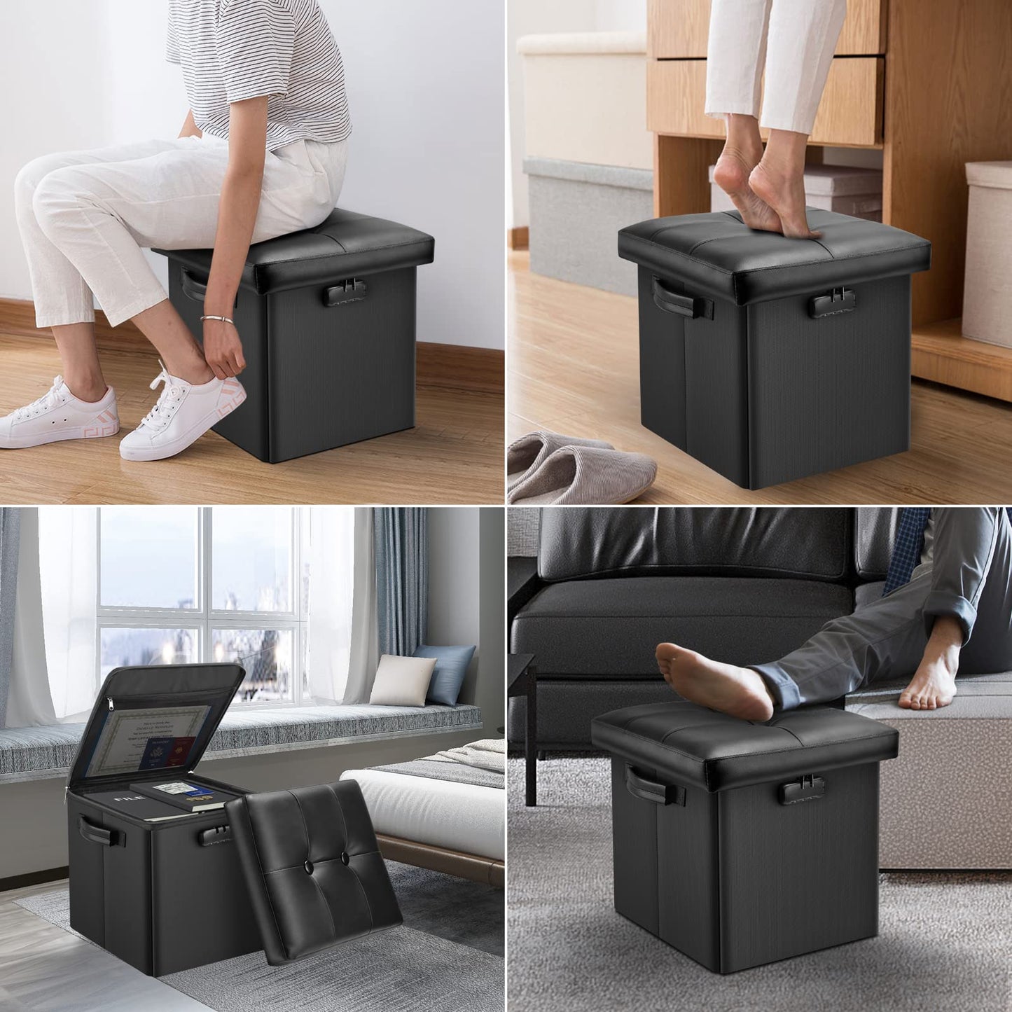 Storage stool with lock Fireproof folding ottoman Storage box with storage for important documents Waterproof 43.18 cm Short ottoman with handle JOOFIRE