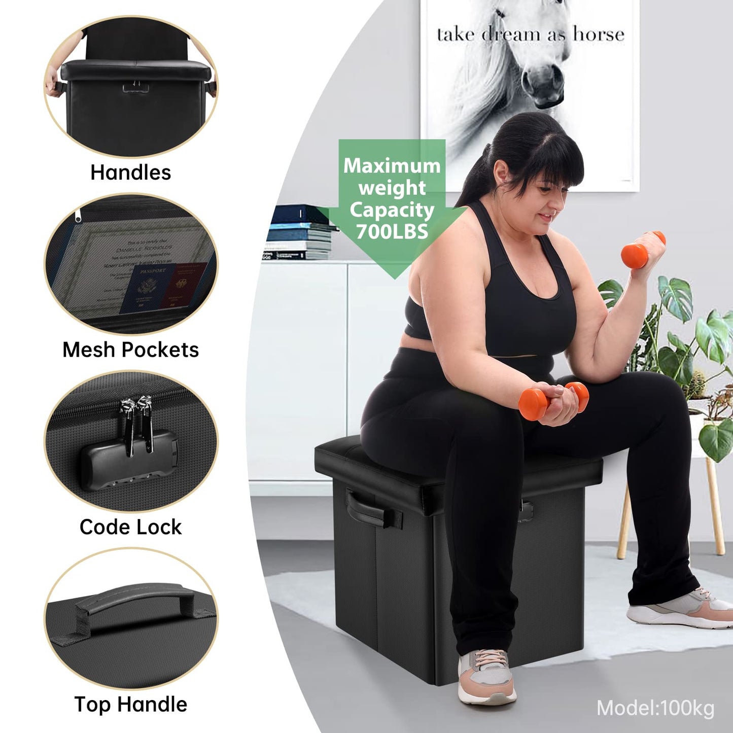 Storage stool with lock Fireproof folding ottoman Storage box with storage for important documents Waterproof 43.18 cm Short ottoman with handle JOOFIRE
