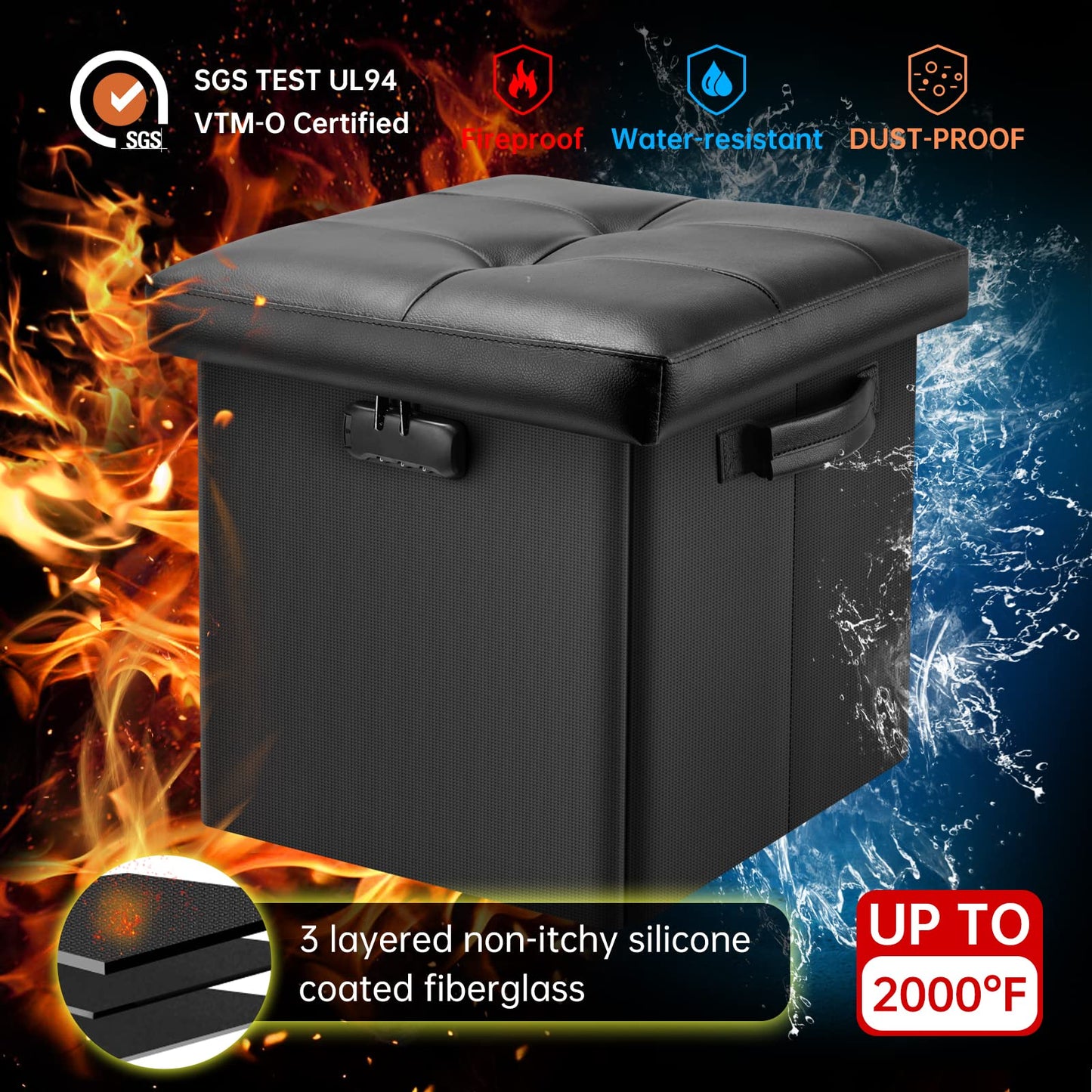 Storage stool with lock Fireproof folding ottoman Storage box with storage for important documents Waterproof 43.18 cm Short ottoman with handle JOOFIRE