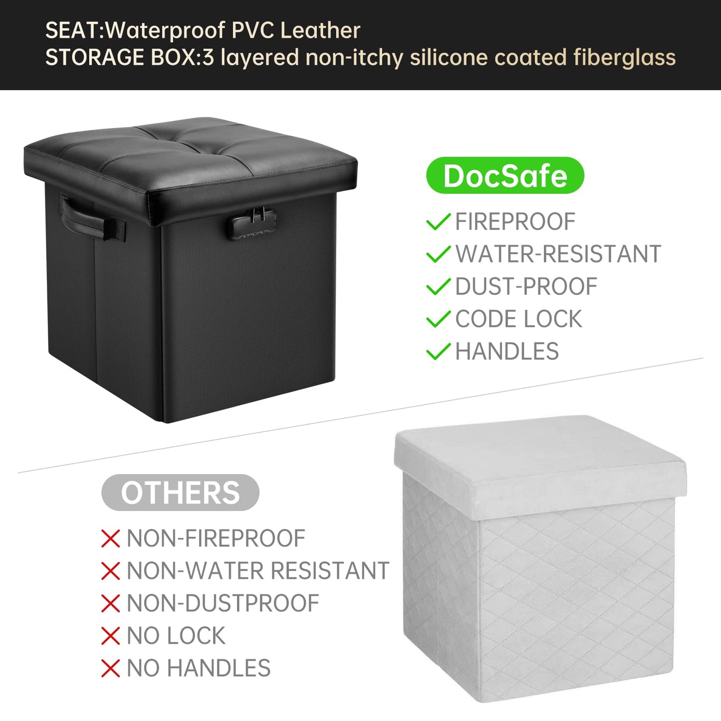 Storage stool with lock Fireproof folding ottoman Storage box with storage for important documents Waterproof 43.18 cm Short ottoman with handle JOOFIRE