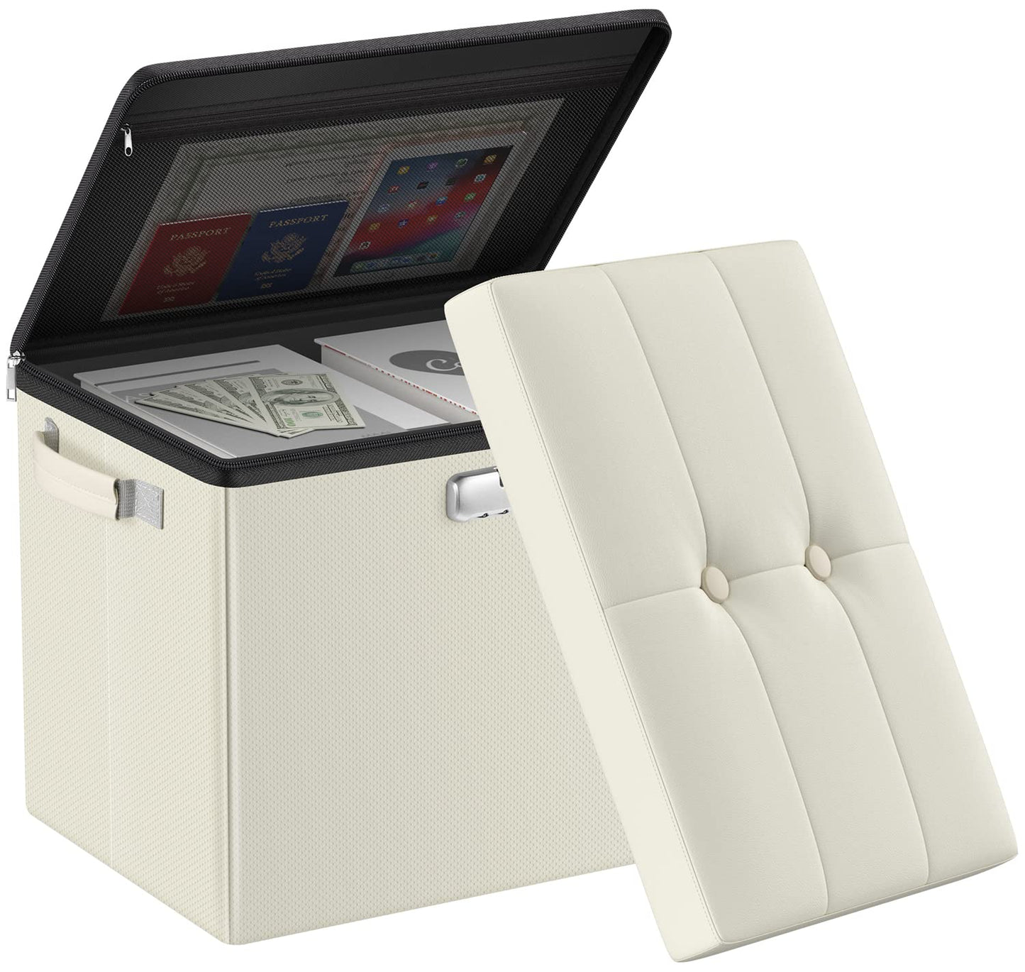 Storage stool with lock Fireproof folding ottoman Storage box with storage for important documents Waterproof 43.18 cm Short ottoman with handle JOOFIRE