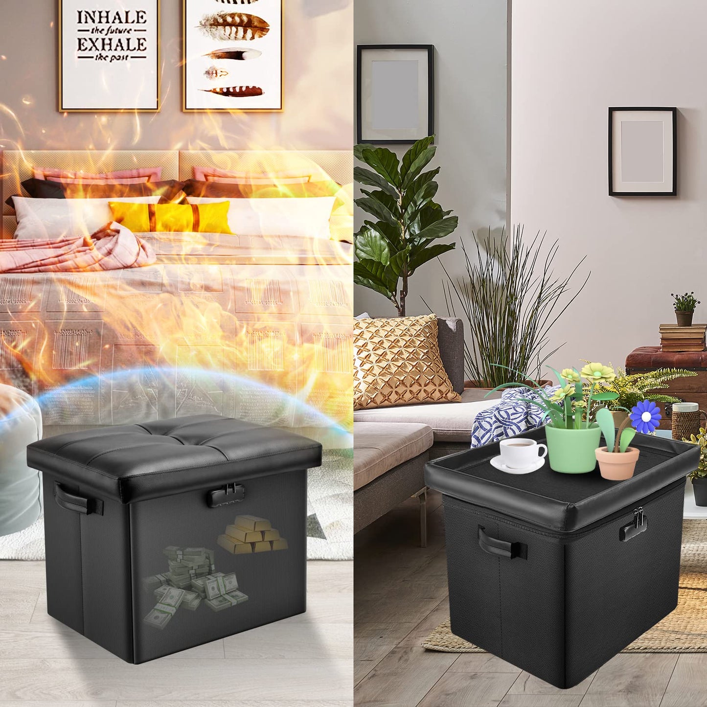 Storage stool with lock Fireproof folding ottoman Storage box with storage for important documents Waterproof 43.18 cm Short ottoman with handle JOOFIRE