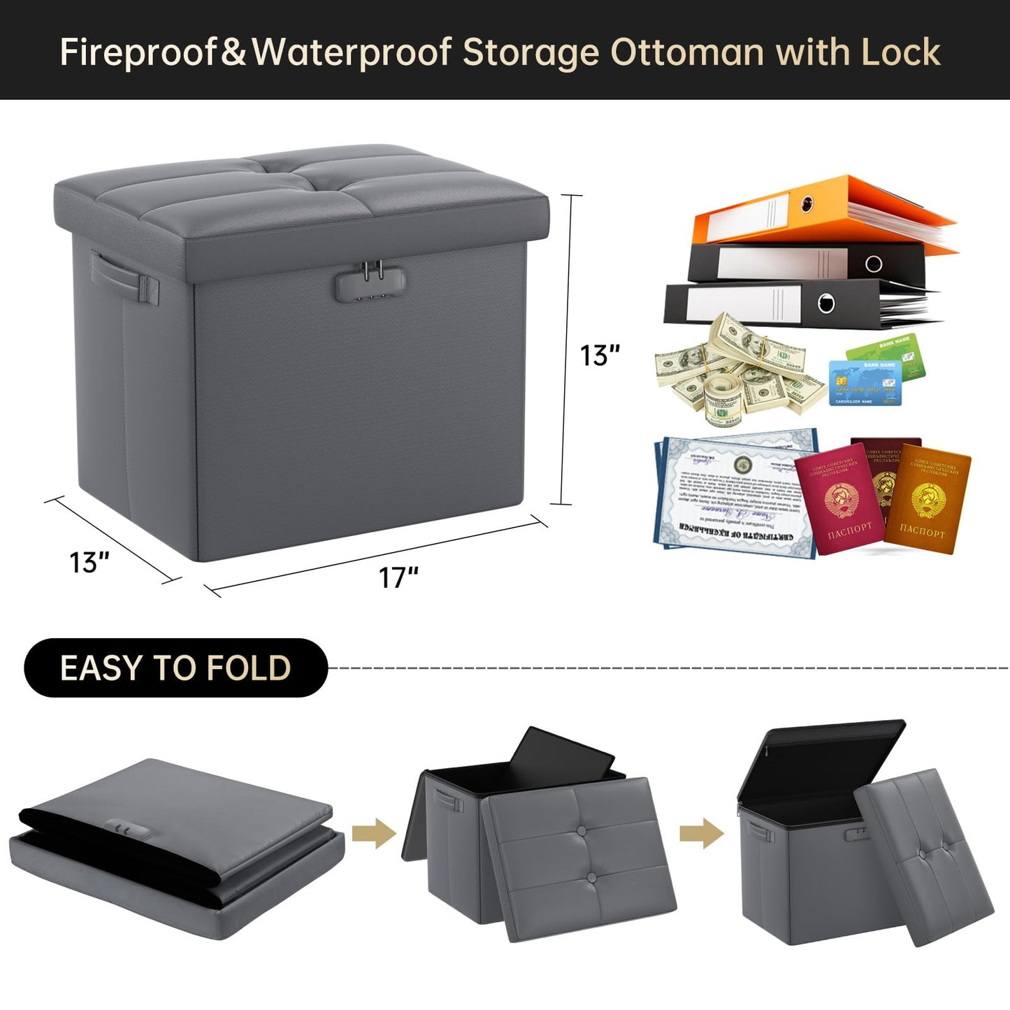 Storage stool with lock Fireproof folding ottoman Storage box with storage for important documents Waterproof 43.18 cm Short ottoman with handle JOOFIRE