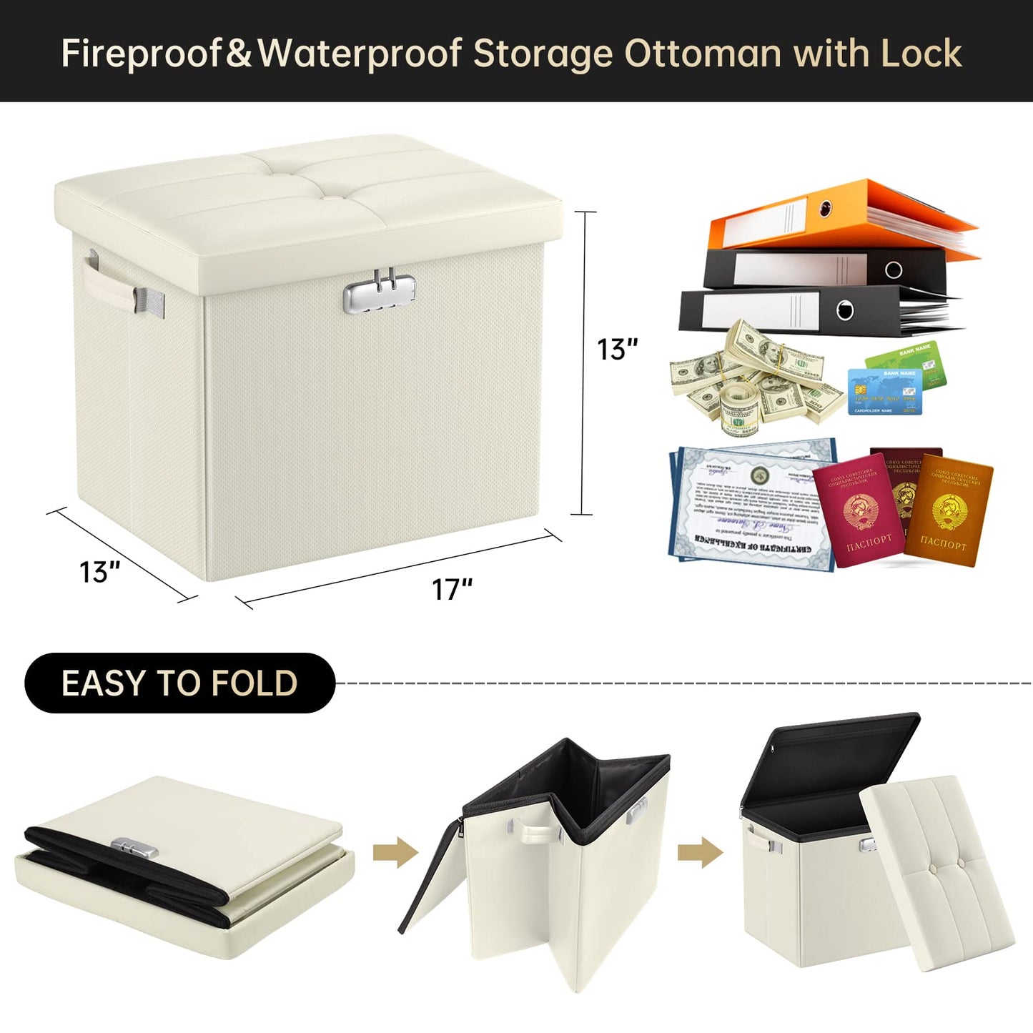 Storage stool with lock Fireproof folding ottoman Storage box with storage for important documents Waterproof 43.18 cm Short ottoman with handle JOOFIRE