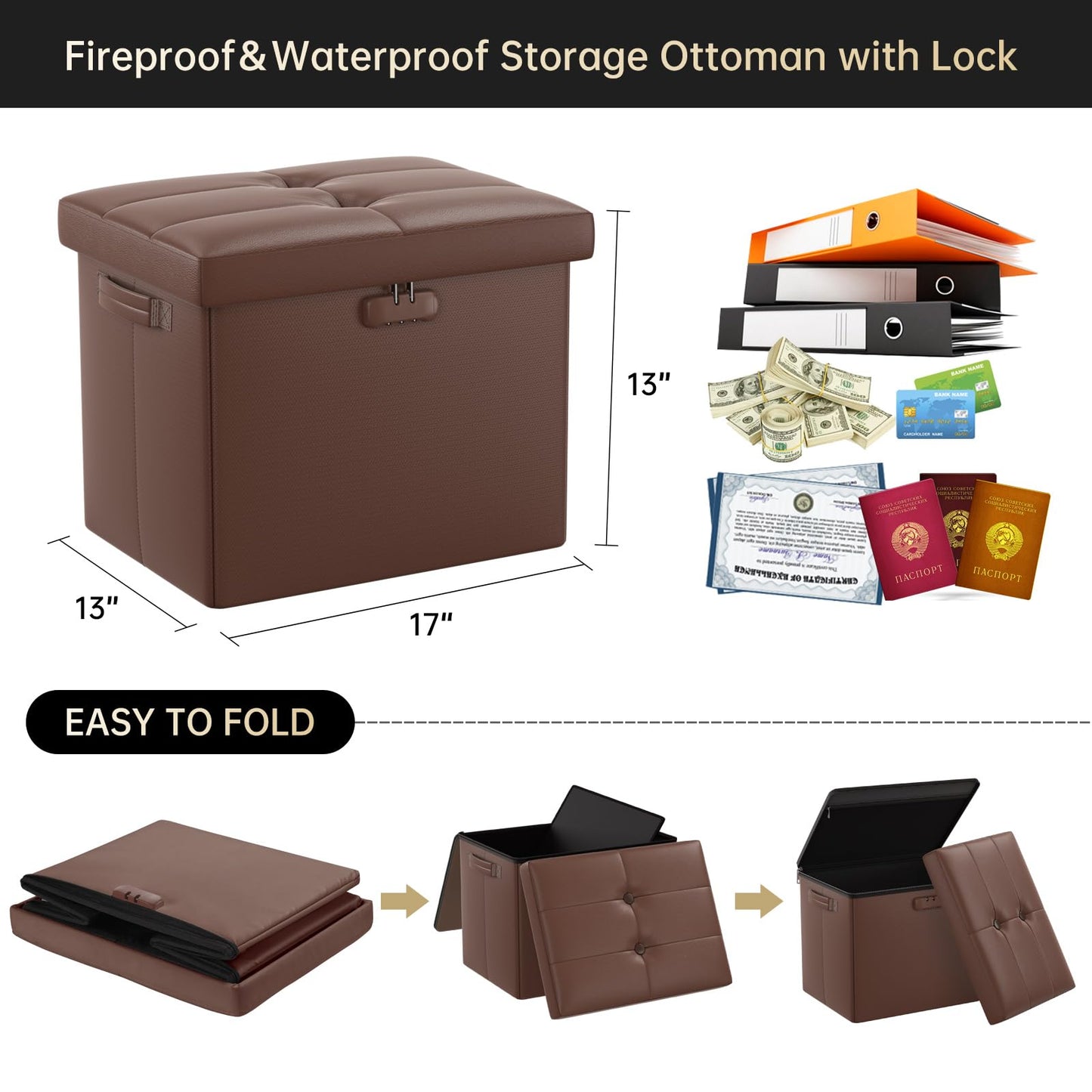Storage stool with lock Fireproof folding ottoman Storage box with storage for important documents Waterproof 43.18 cm Short ottoman with handle JOOFIRE