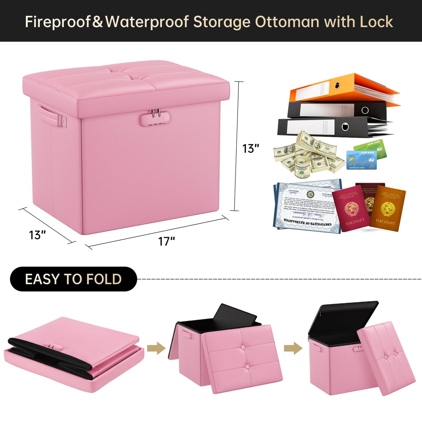 Storage stool with lock Fireproof folding ottoman Storage box with storage for important documents Waterproof 43.18 cm Short ottoman with handle JOOFIRE