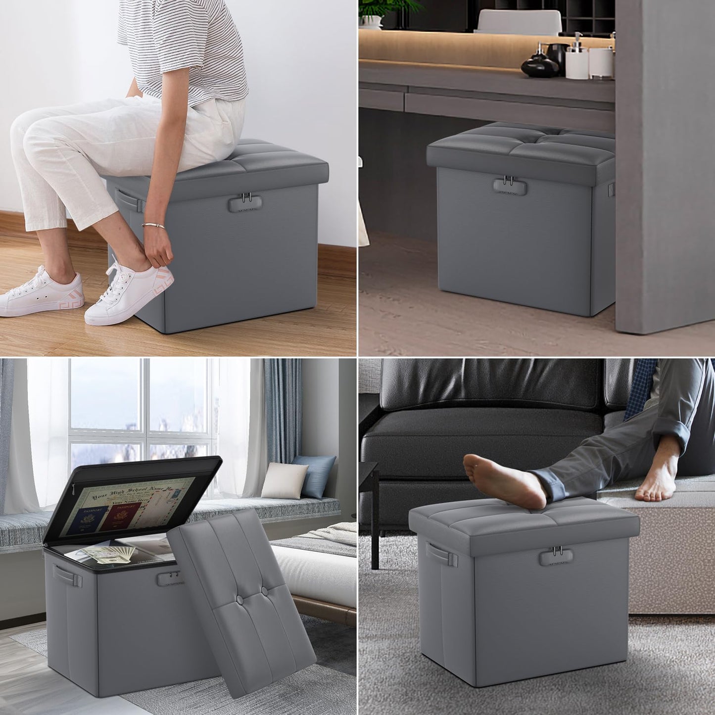Storage stool with lock Fireproof folding ottoman Storage box with storage for important documents Waterproof 43.18 cm Short ottoman with handle JOOFIRE