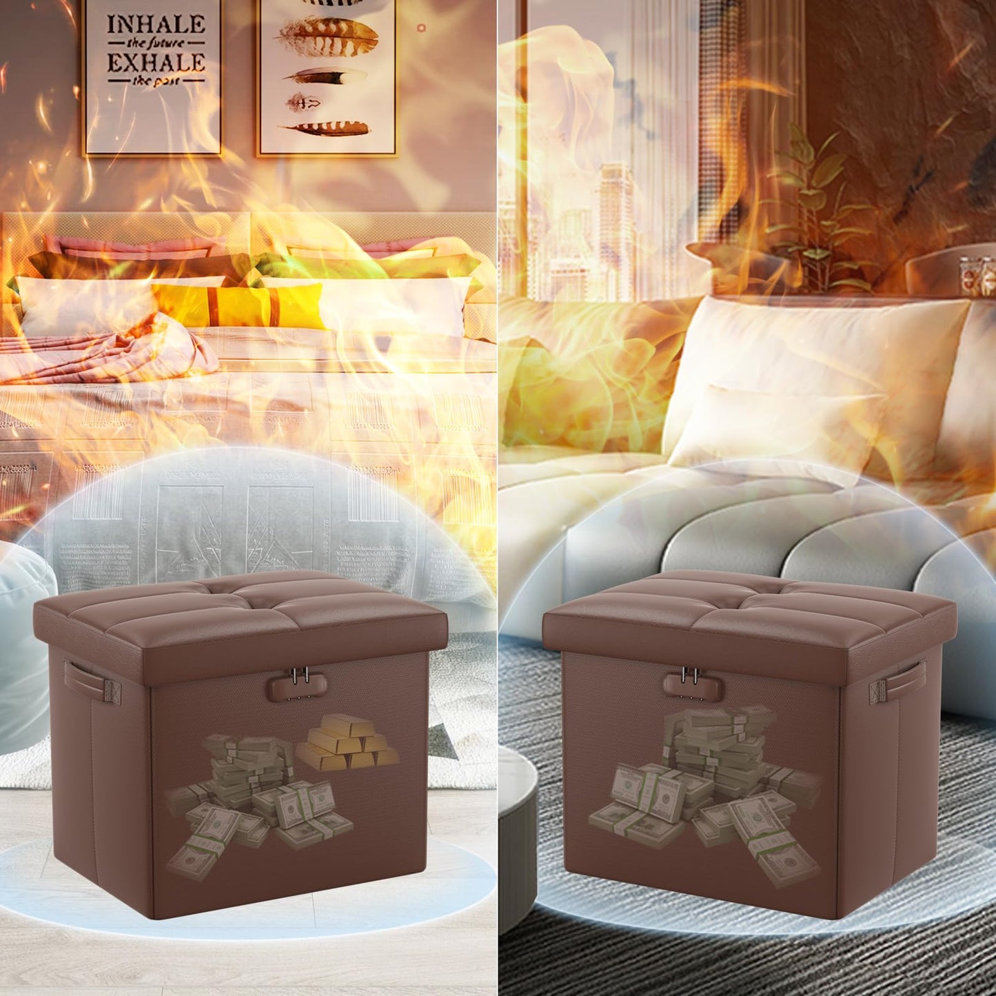Storage stool with lock Fireproof folding ottoman Storage box with storage for important documents Waterproof 43.18 cm Short ottoman with handle JOOFIRE