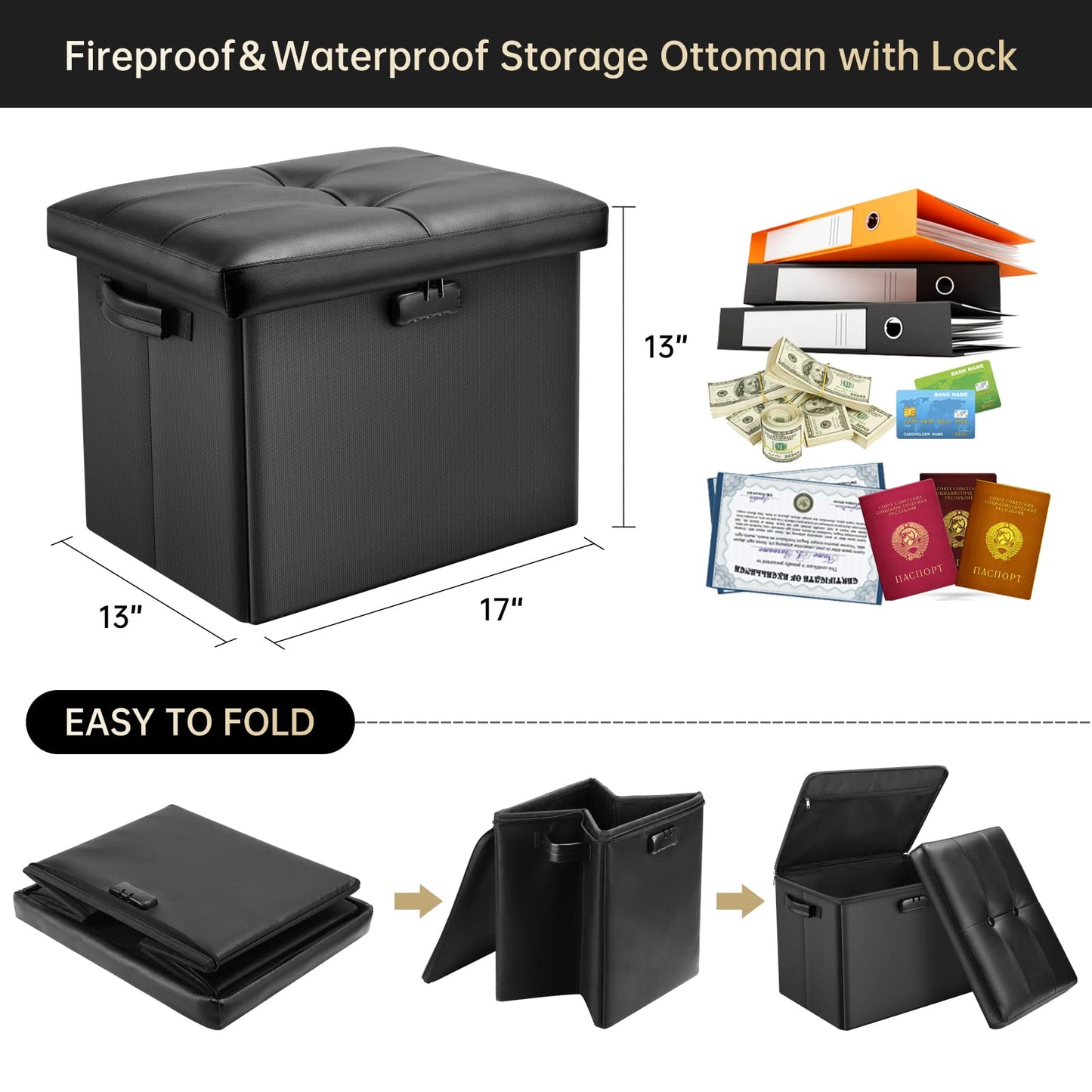 Storage stool with lock Fireproof folding ottoman Storage box with storage for important documents Waterproof 43.18 cm Short ottoman with handle JOOFIRE