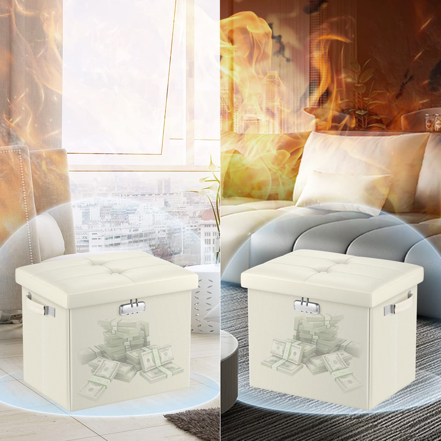 Storage stool with lock Fireproof folding ottoman Storage box with storage for important documents Waterproof 43.18 cm Short ottoman with handle JOOFIRE