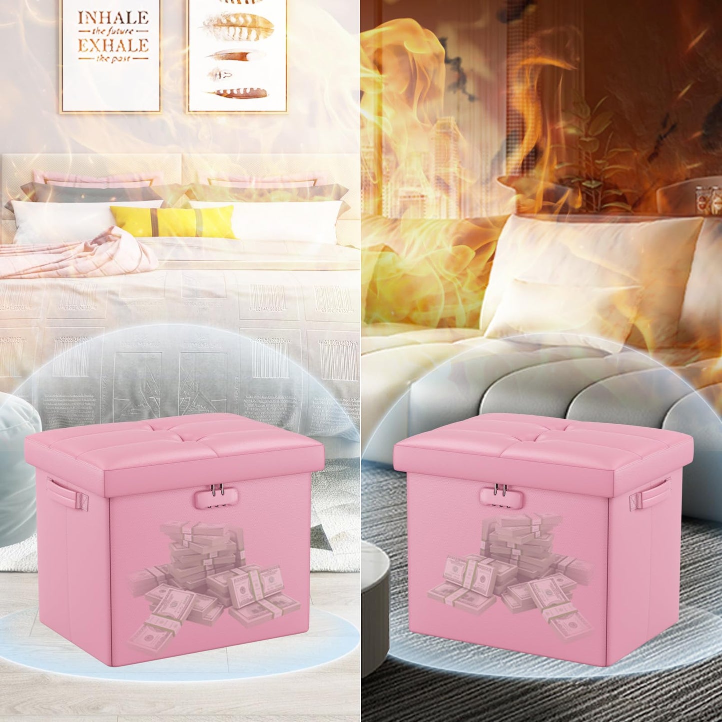 Storage stool with lock Fireproof folding ottoman Storage box with storage for important documents Waterproof 43.18 cm Short ottoman with handle JOOFIRE