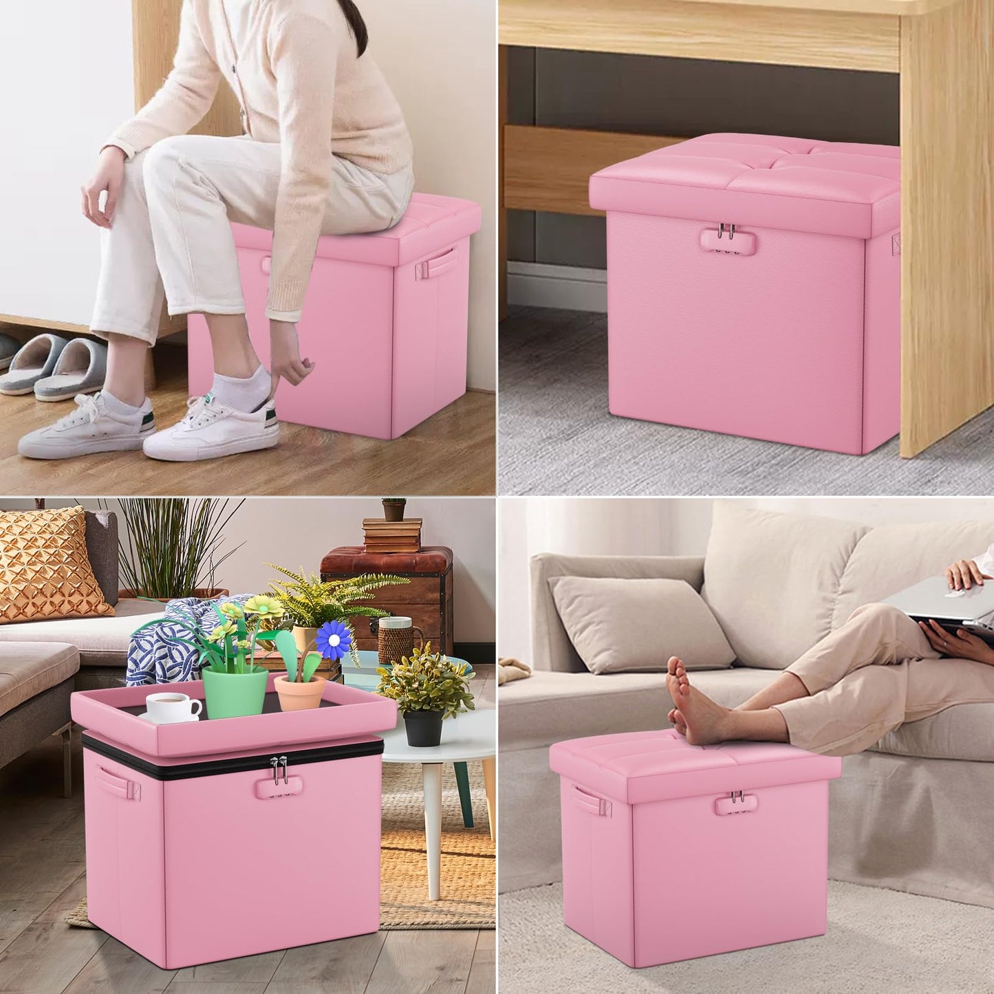 Storage stool with lock Fireproof folding ottoman Storage box with storage for important documents Waterproof 43.18 cm Short ottoman with handle JOOFIRE