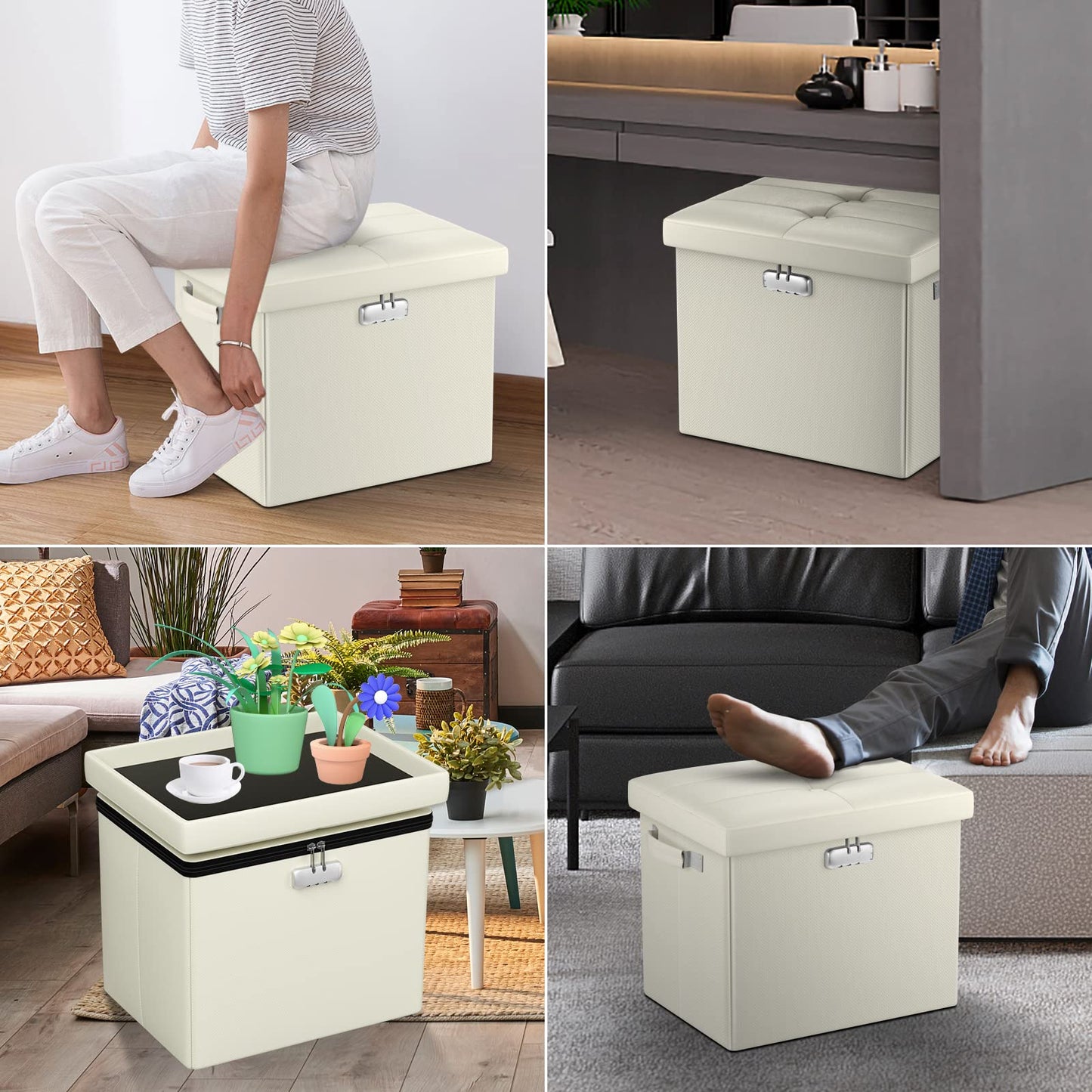Storage stool with lock Fireproof folding ottoman Storage box with storage for important documents Waterproof 43.18 cm Short ottoman with handle JOOFIRE