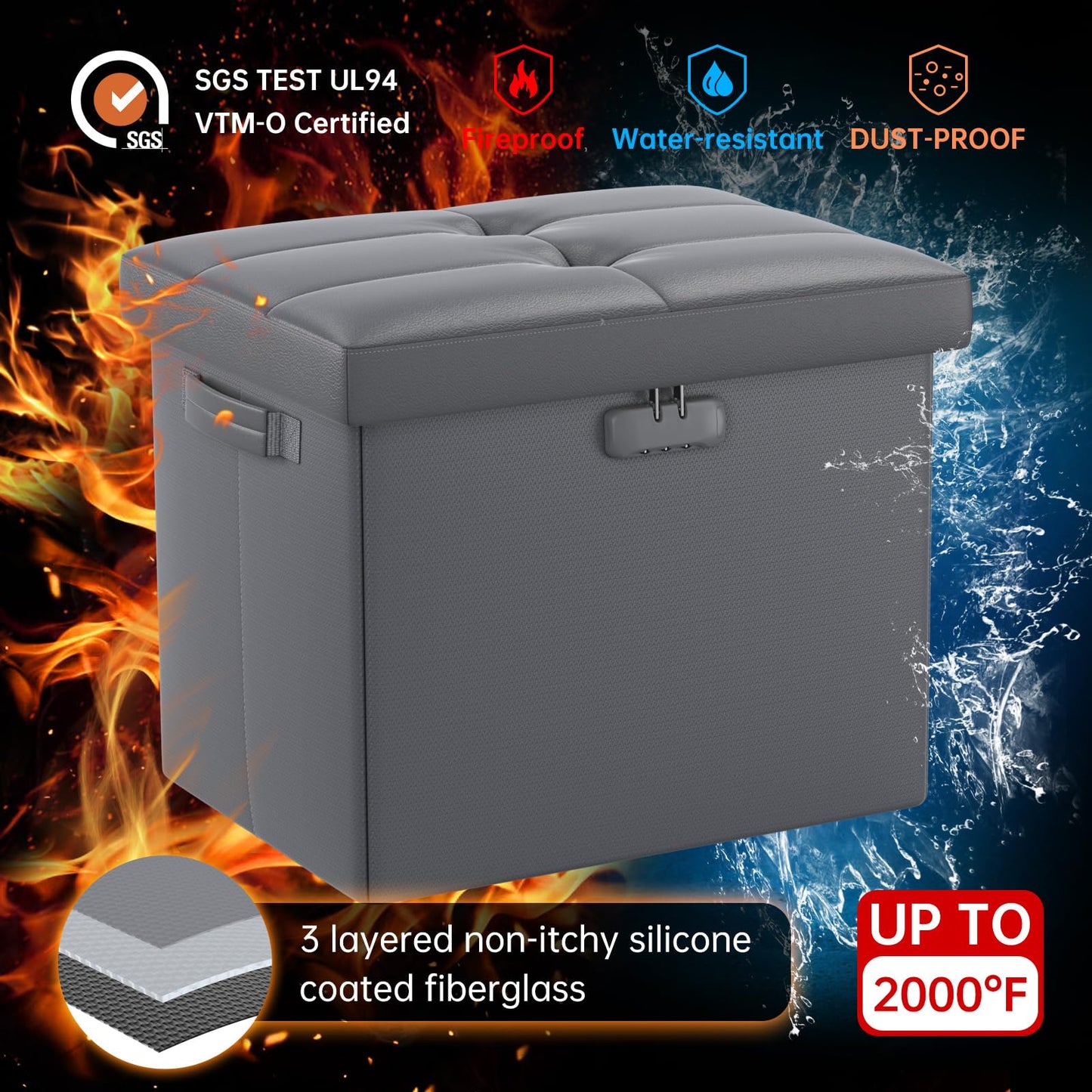 Storage stool with lock Fireproof folding ottoman Storage box with storage for important documents Waterproof 43.18 cm Short ottoman with handle JOOFIRE