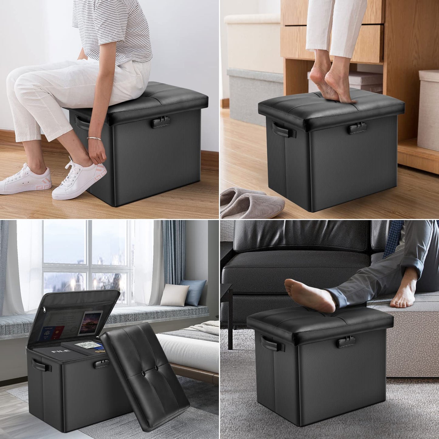 Storage stool with lock Fireproof folding ottoman Storage box with storage for important documents Waterproof 43.18 cm Short ottoman with handle JOOFIRE