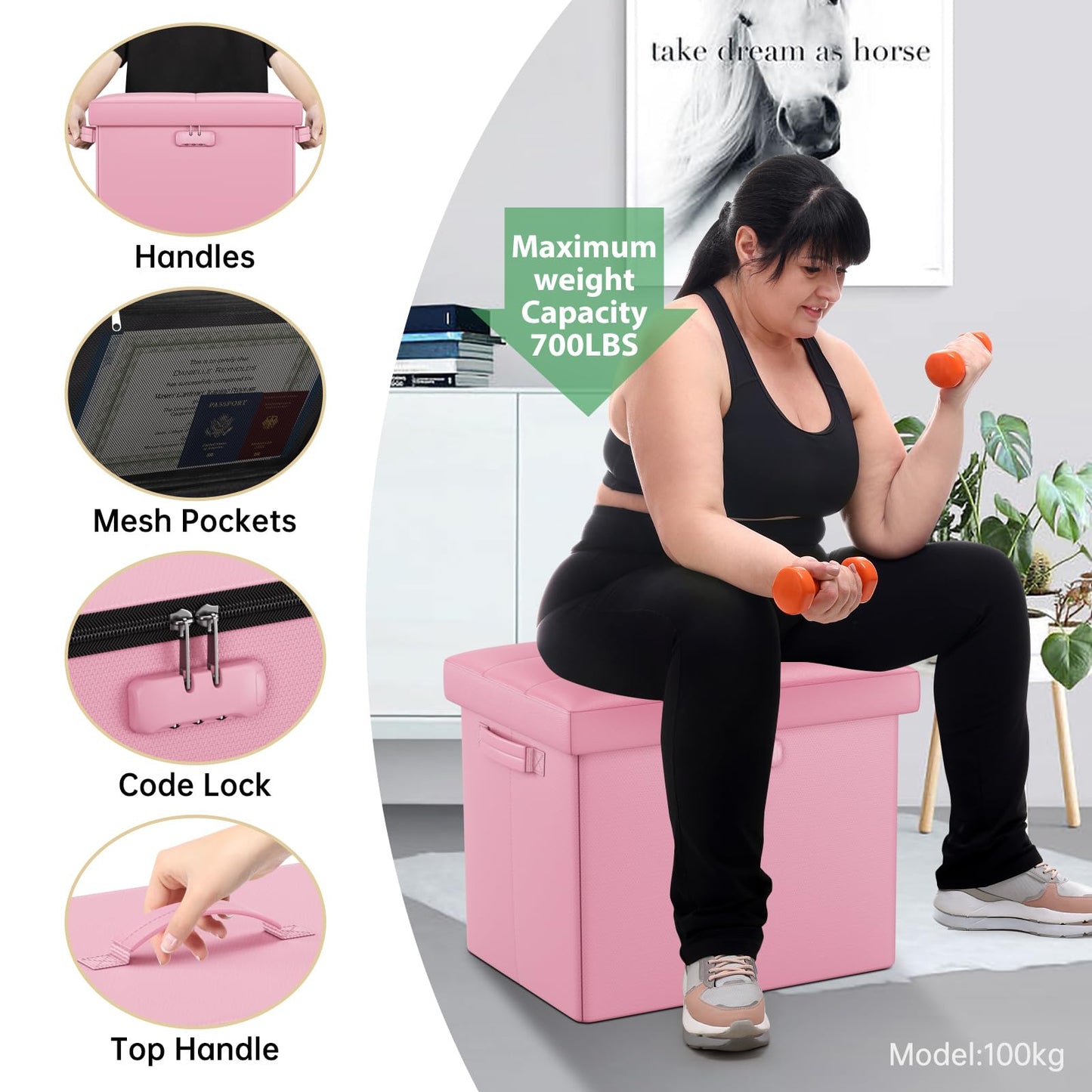 Storage stool with lock Fireproof folding ottoman Storage box with storage for important documents Waterproof 43.18 cm Short ottoman with handle JOOFIRE