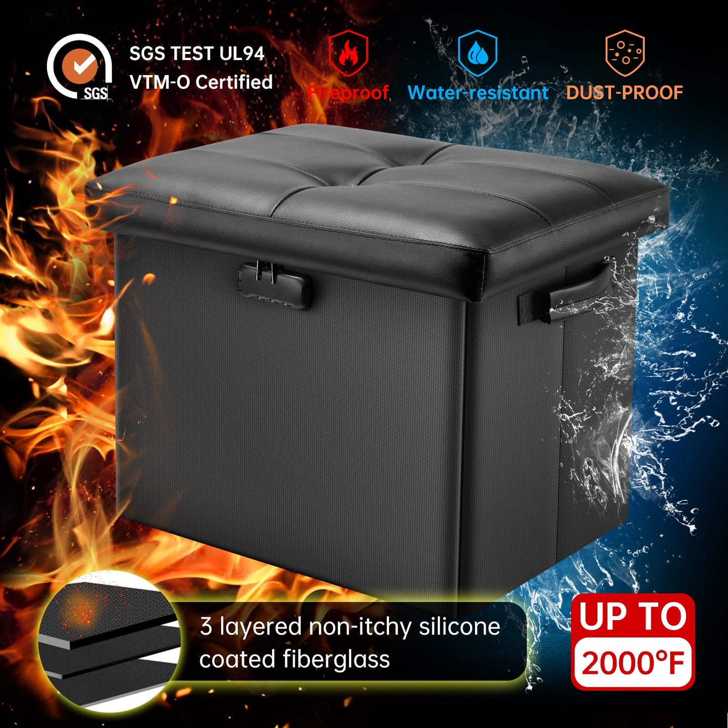 Storage stool with lock Fireproof folding ottoman Storage box with storage for important documents Waterproof 43.18 cm Short ottoman with handle JOOFIRE