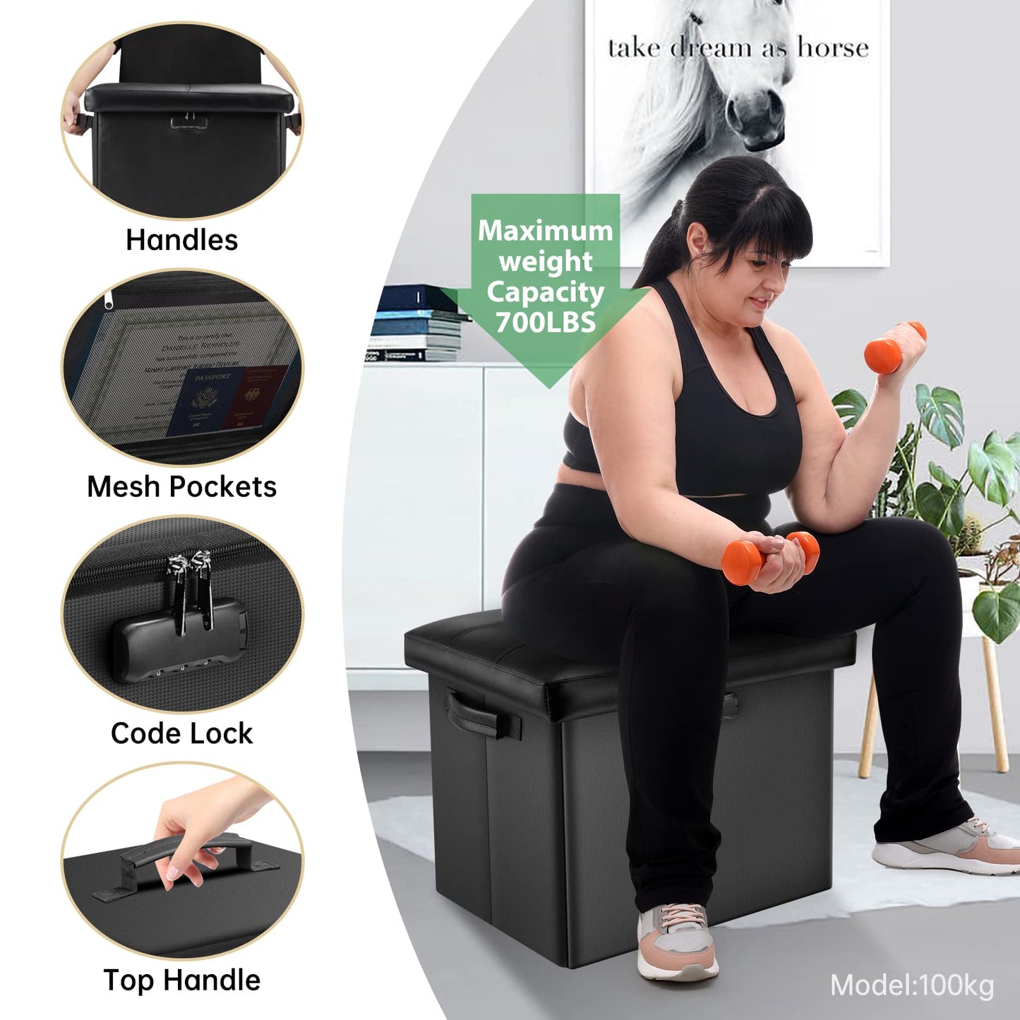 Storage stool with lock Fireproof folding ottoman Storage box with storage for important documents Waterproof 43.18 cm Short ottoman with handle JOOFIRE
