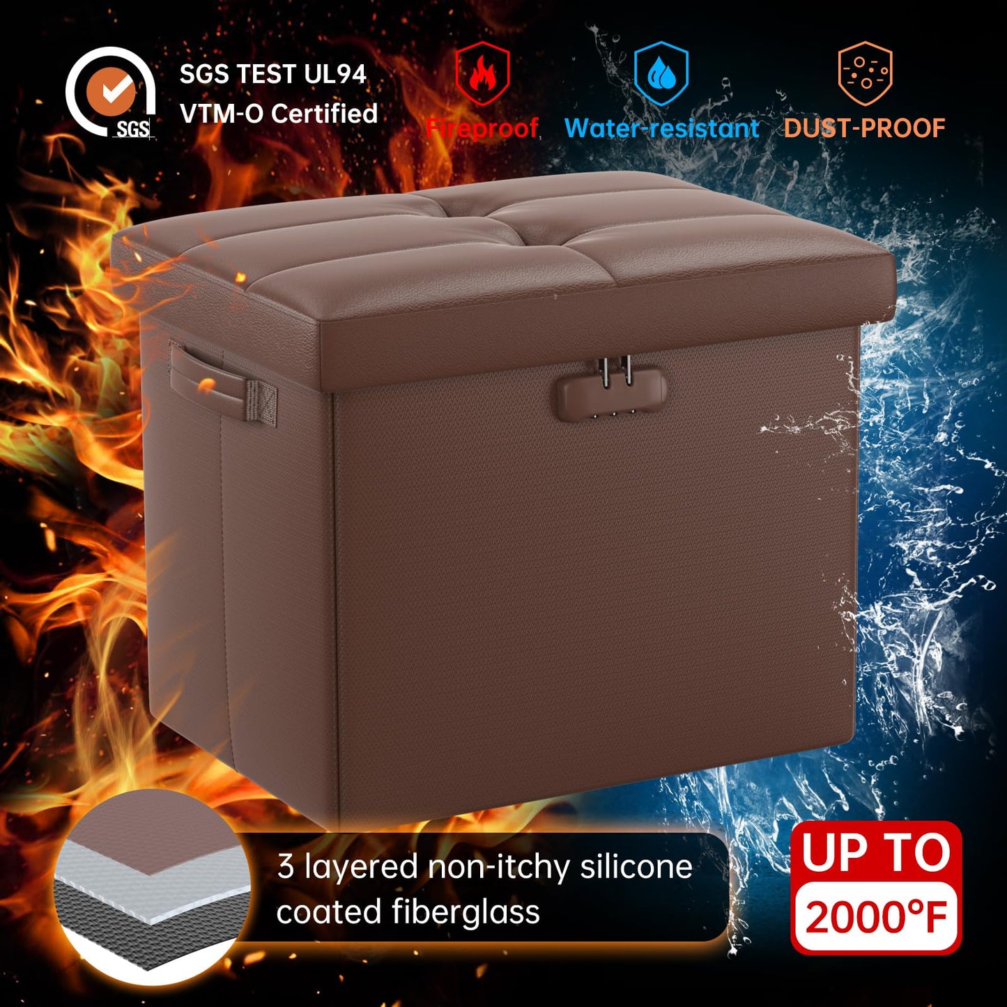 Storage stool with lock Fireproof folding ottoman Storage box with storage for important documents Waterproof 43.18 cm Short ottoman with handle JOOFIRE
