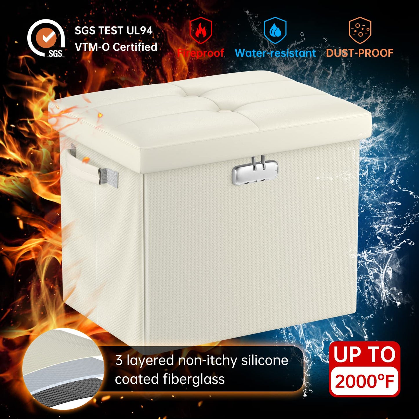 Storage stool with lock Fireproof folding ottoman Storage box with storage for important documents Waterproof 43.18 cm Short ottoman with handle JOOFIRE