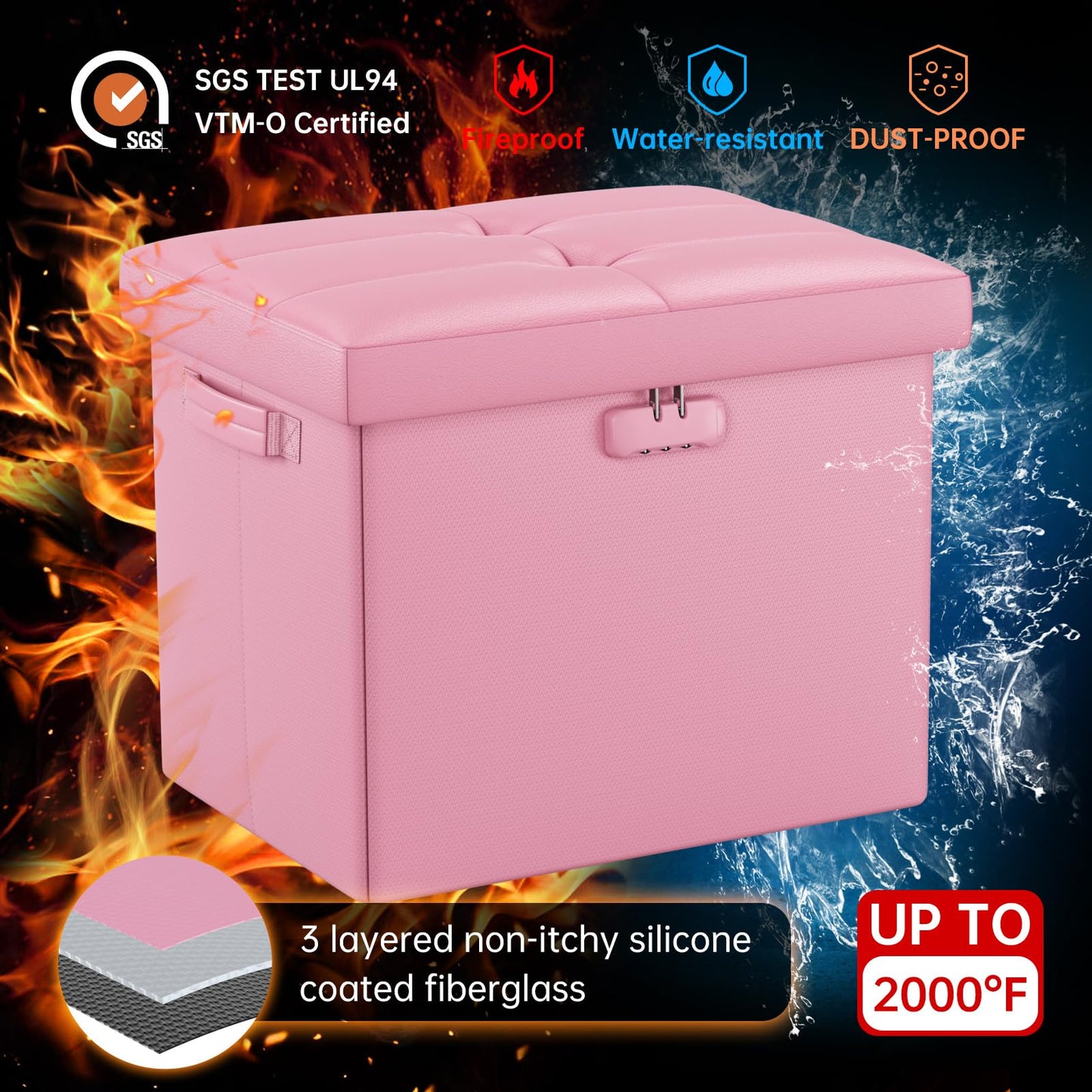 Storage stool with lock Fireproof folding ottoman Storage box with storage for important documents Waterproof 43.18 cm Short ottoman with handle JOOFIRE