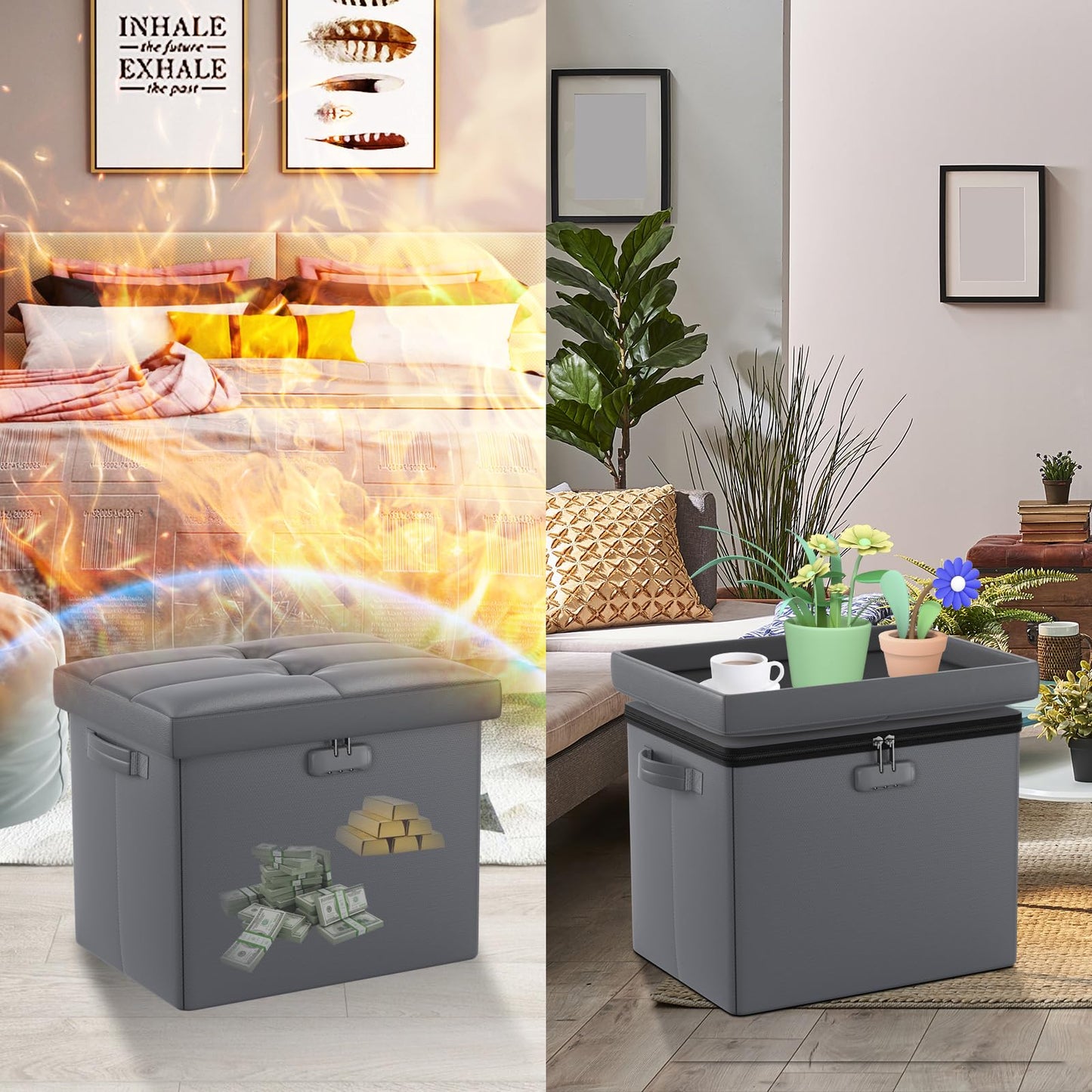 Storage stool with lock Fireproof folding ottoman Storage box with storage for important documents Waterproof 43.18 cm Short ottoman with handle JOOFIRE