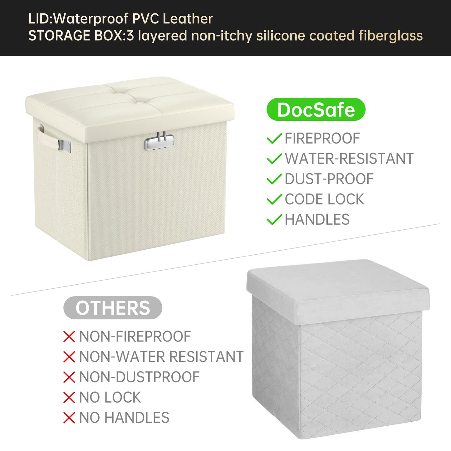 Storage stool with lock Fireproof folding ottoman Storage box with storage for important documents Waterproof 43.18 cm Short ottoman with handle JOOFIRE