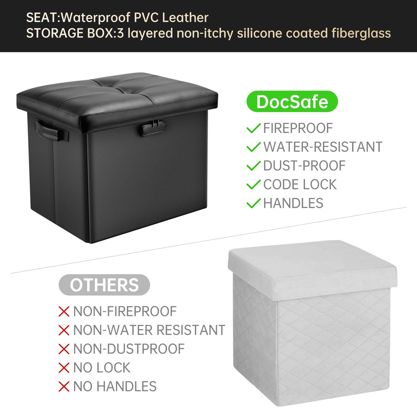 Storage stool with lock Fireproof folding ottoman Storage box with storage for important documents Waterproof 43.18 cm Short ottoman with handle JOOFIRE