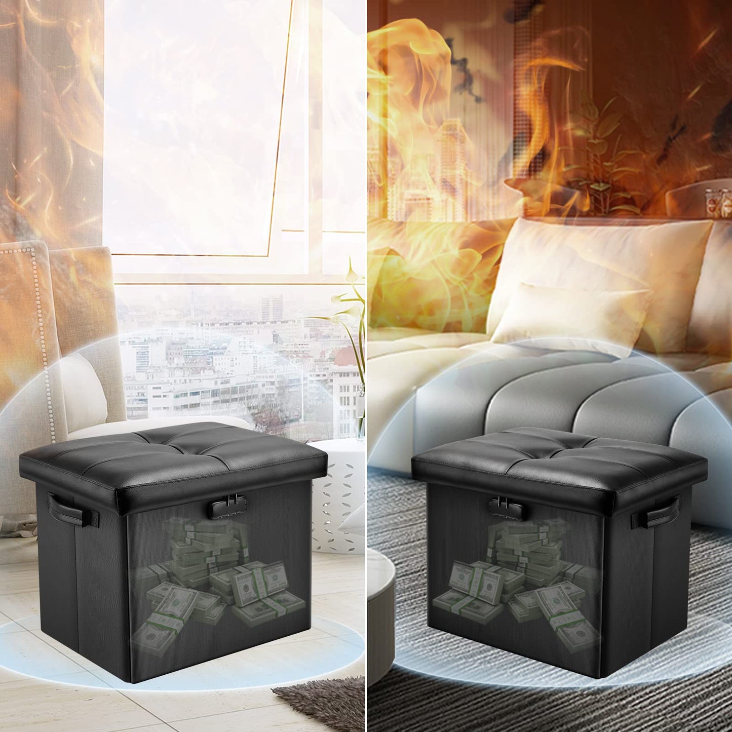 Storage stool with lock Fireproof folding ottoman Storage box with storage for important documents Waterproof 43.18 cm Short ottoman with handle JOOFIRE