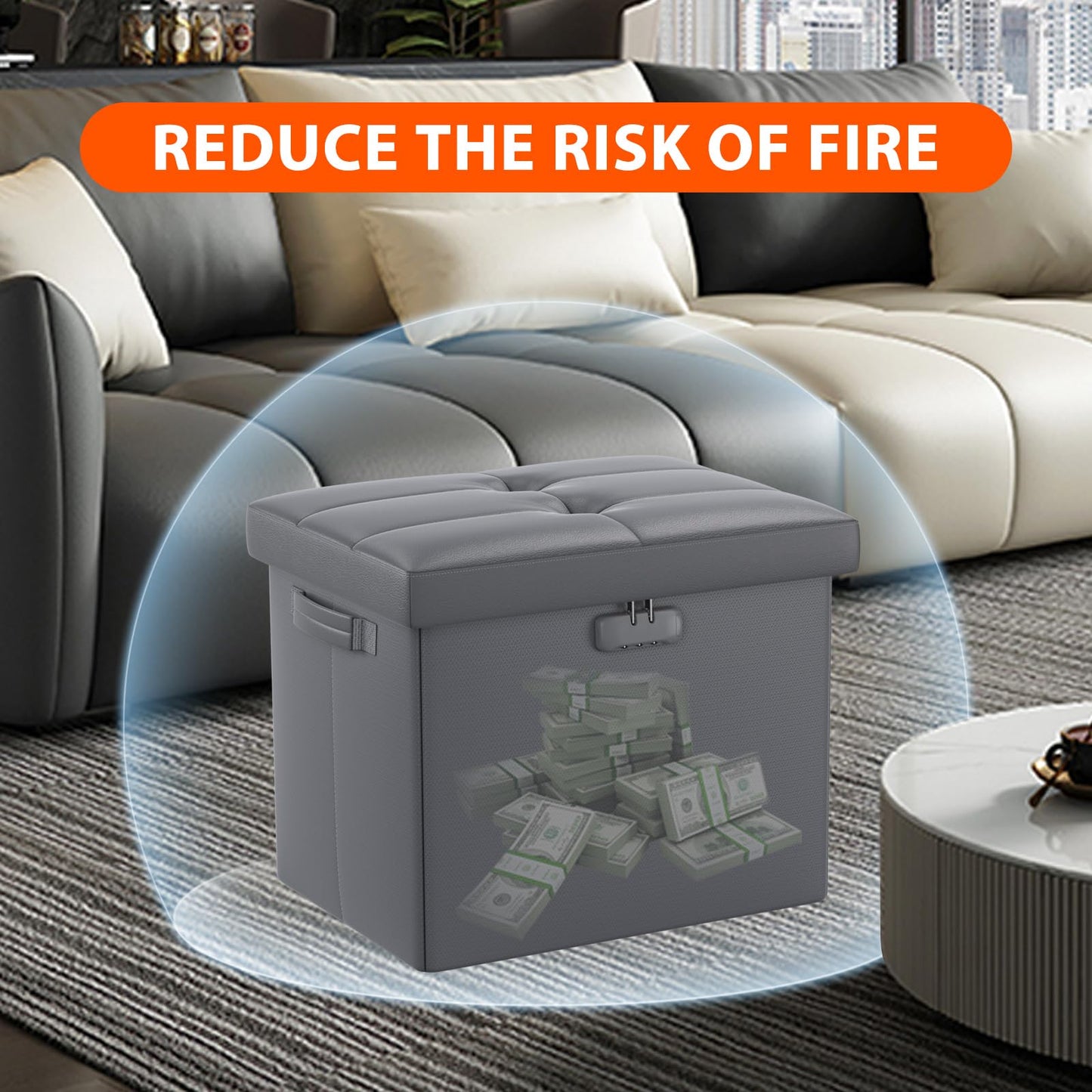 Storage stool with lock Fireproof folding ottoman Storage box with storage for important documents Waterproof 43.18 cm Short ottoman with handle JOOFIRE