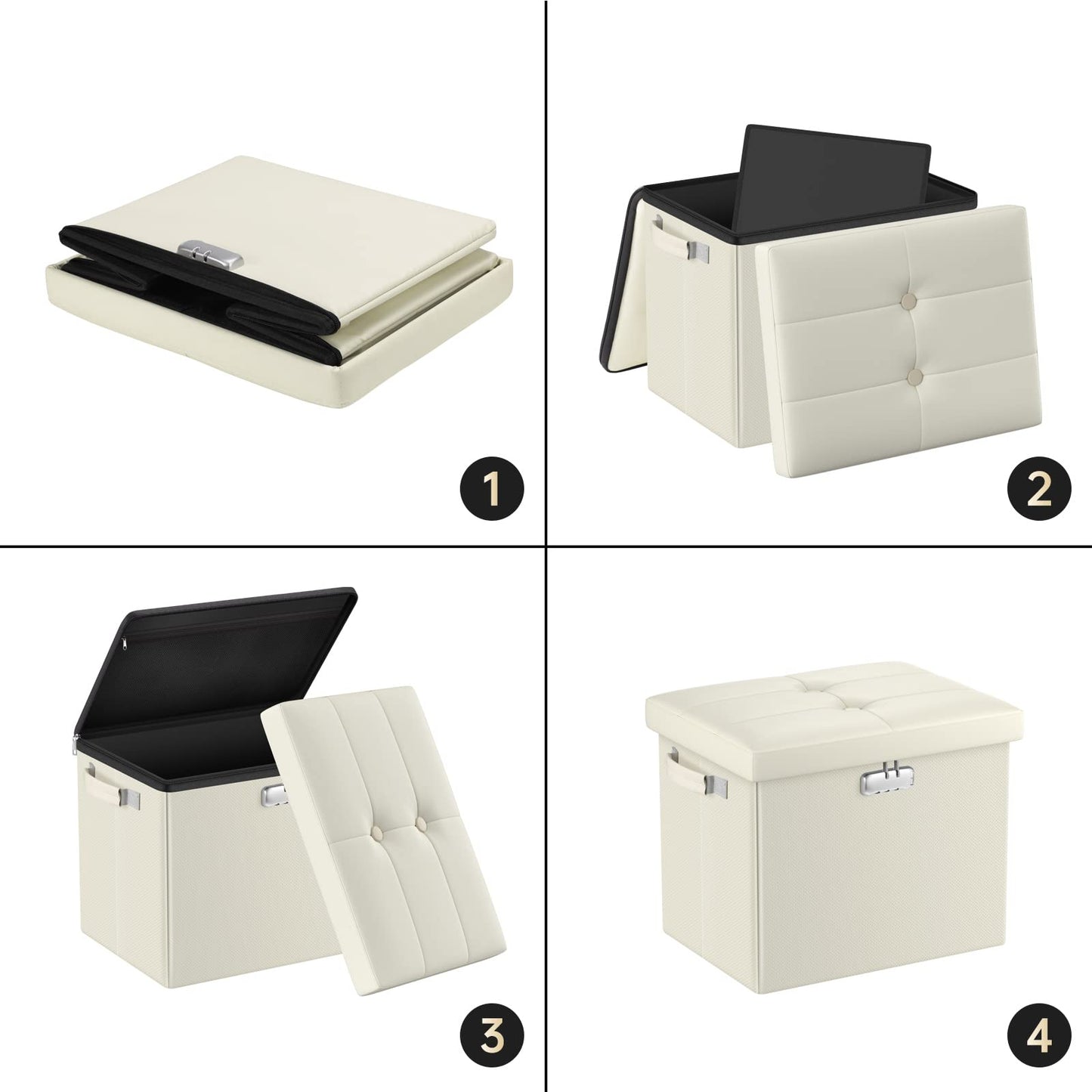 Storage stool with lock Fireproof folding ottoman Storage box with storage for important documents Waterproof 43.18 cm Short ottoman with handle JOOFIRE