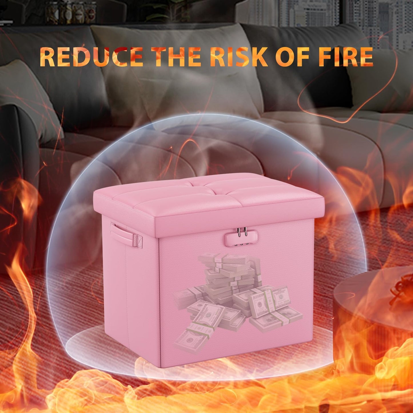 Storage stool with lock Fireproof folding ottoman Storage box with storage for important documents Waterproof 43.18 cm Short ottoman with handle JOOFIRE