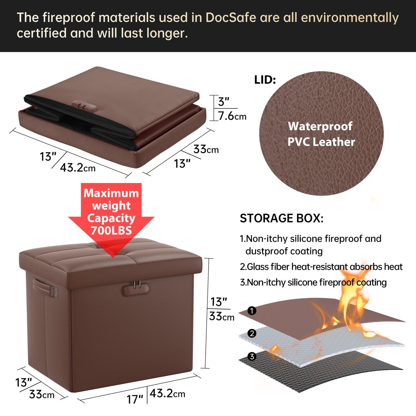 Storage stool with lock Fireproof folding ottoman Storage box with storage for important documents Waterproof 43.18 cm Short ottoman with handle JOOFIRE