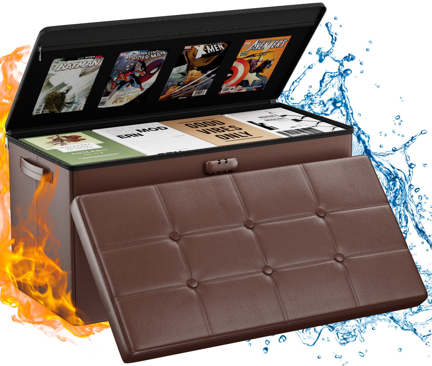 Brown Fireproof Storage Ottoman Bench Folding Bench with Lock ENGPOW