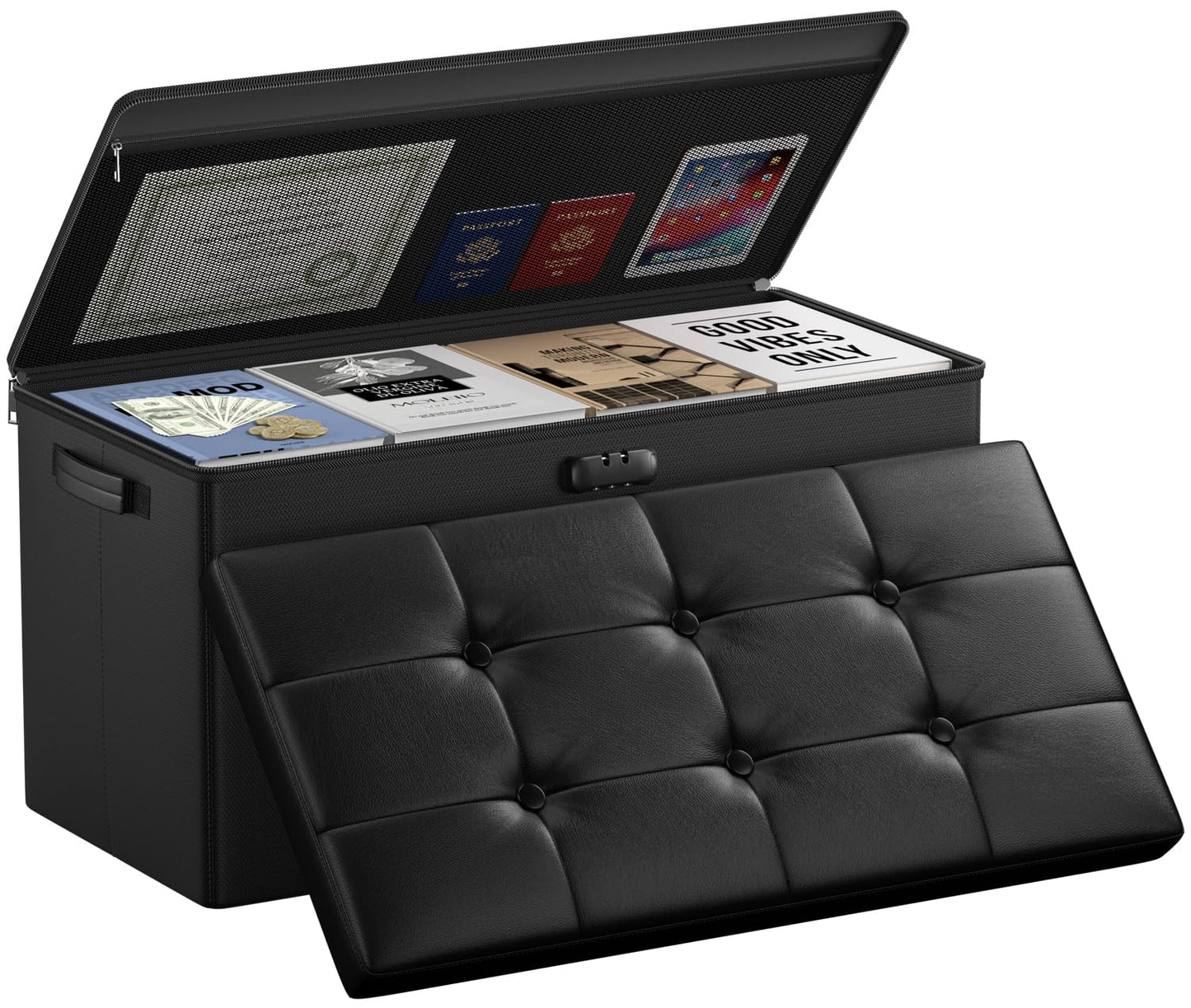 Storage stool with lock Fireproof folding ottoman Storage box with storage for important documents Waterproof 43.18 cm Short ottoman with handle JOOFIRE