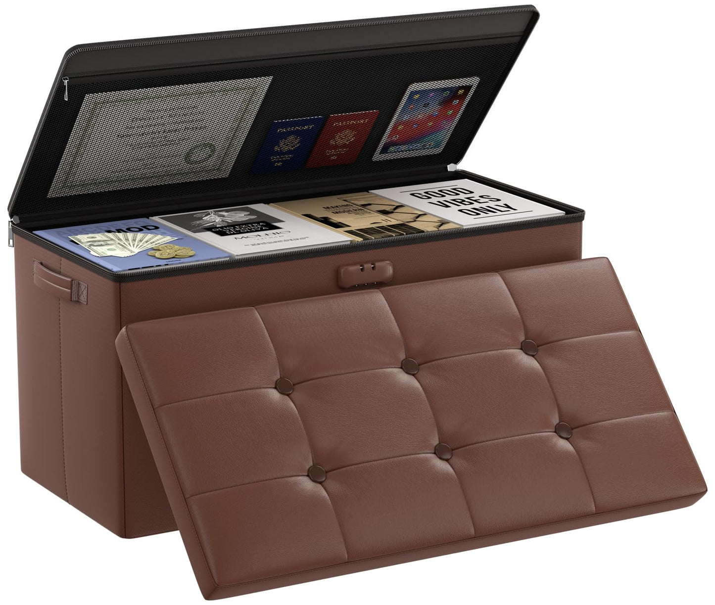 Storage stool with lock Fireproof folding ottoman Storage box with storage for important documents Waterproof 43.18 cm Short ottoman with handle JOOFIRE