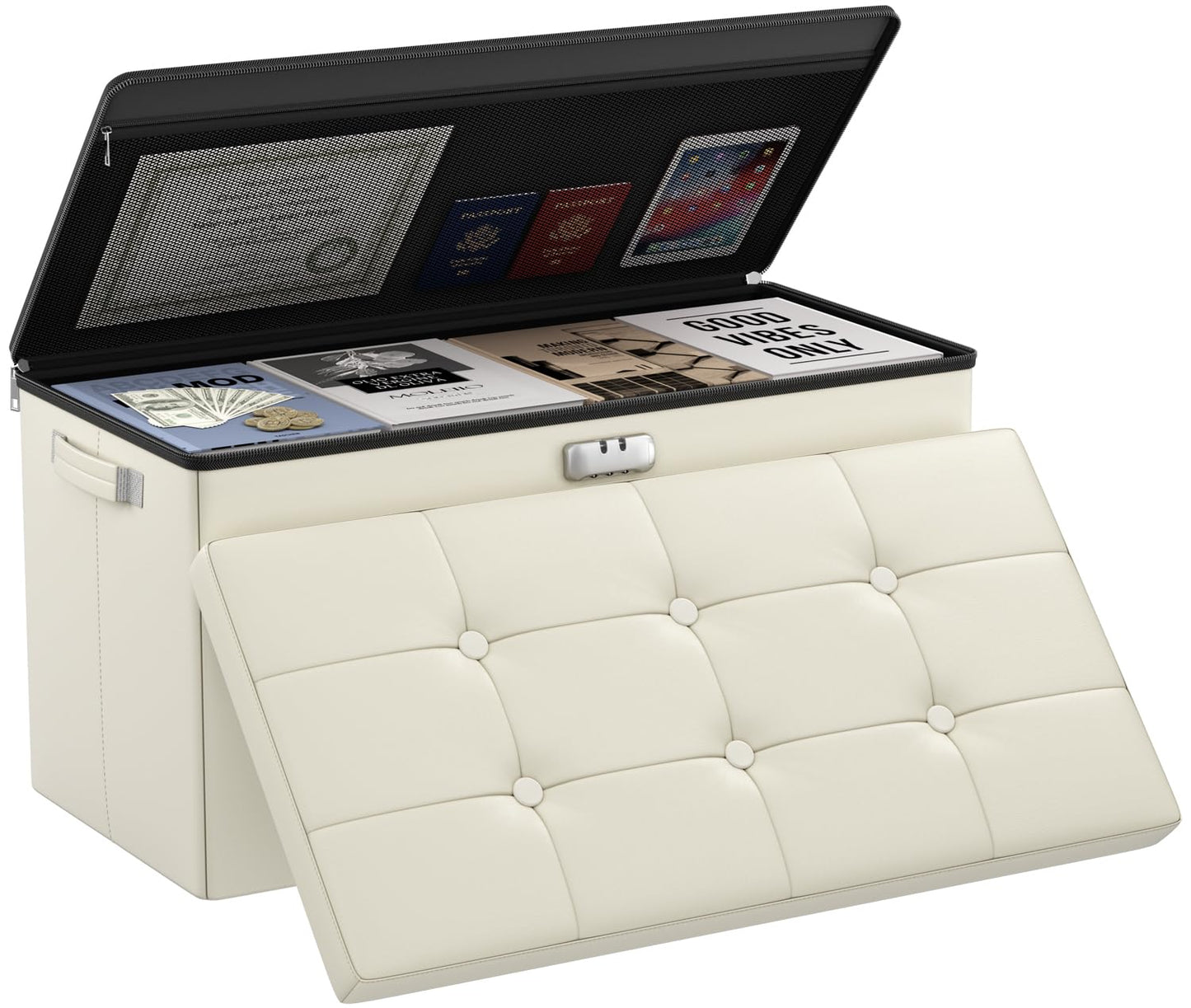 Storage stool with lock Fireproof folding ottoman Storage box with storage for important documents Waterproof 43.18 cm Short ottoman with handle JOOFIRE