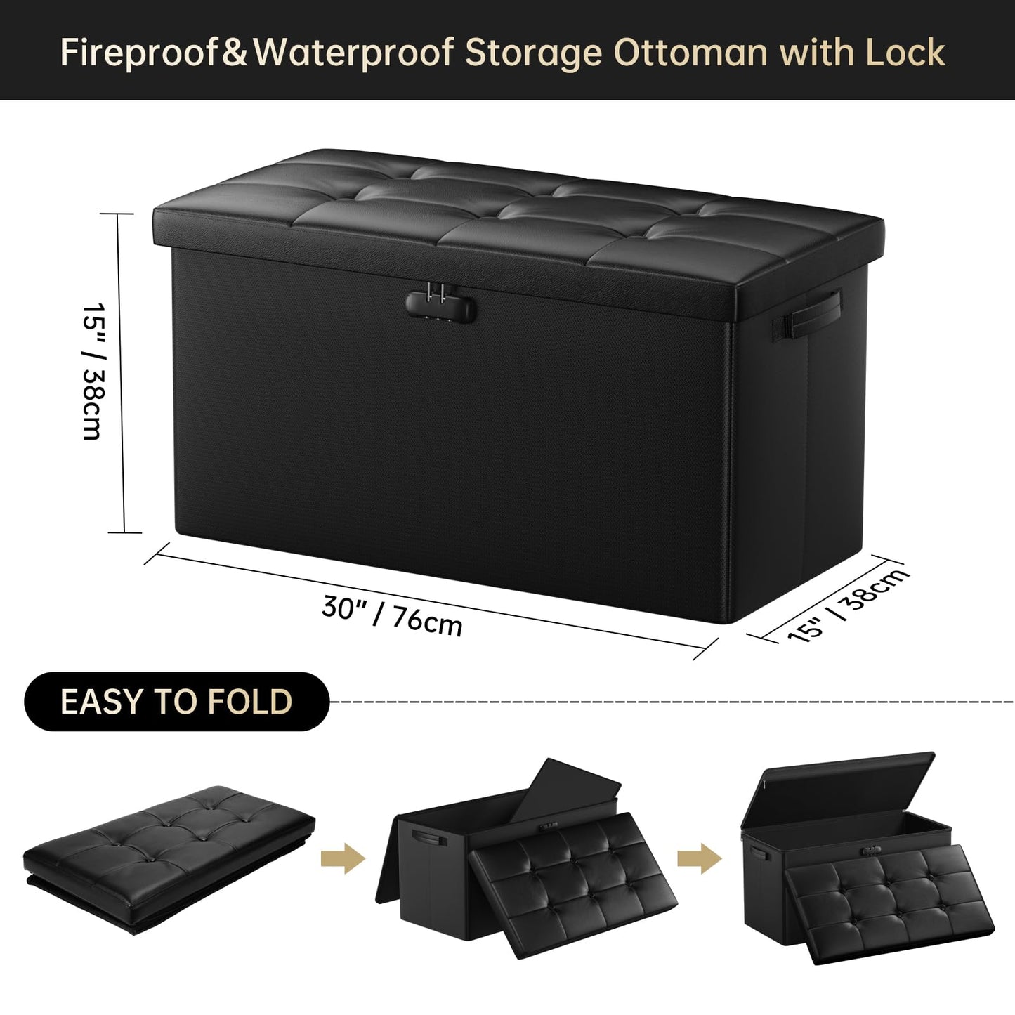 Storage stool with lock Fireproof folding ottoman Storage box with storage for important documents Waterproof 43.18 cm Short ottoman with handle JOOFIRE