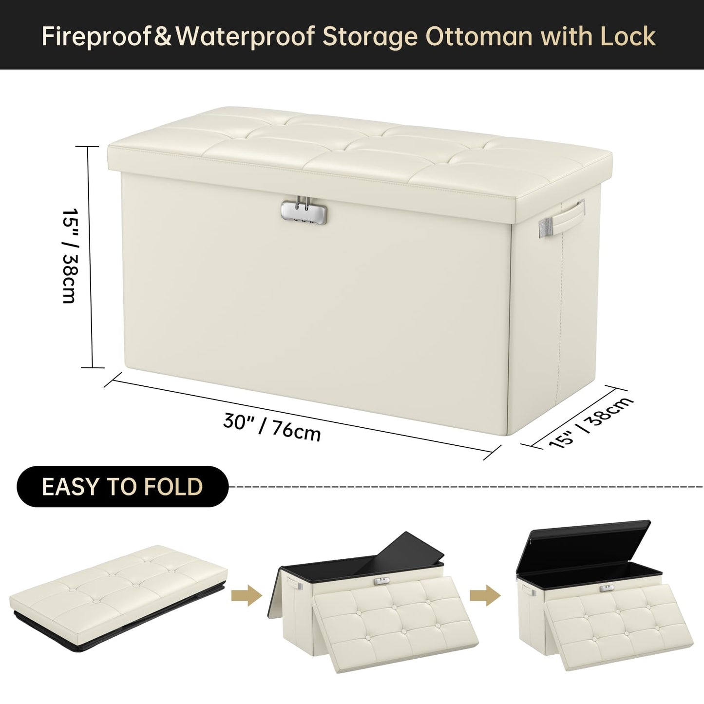Storage stool with lock Fireproof folding ottoman Storage box with storage for important documents Waterproof 43.18 cm Short ottoman with handle JOOFIRE