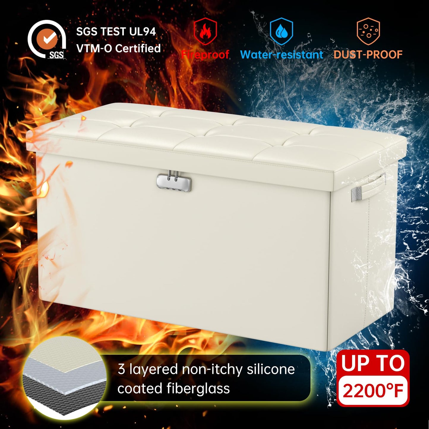 Storage stool with lock Fireproof folding ottoman Storage box with storage for important documents Waterproof 43.18 cm Short ottoman with handle JOOFIRE