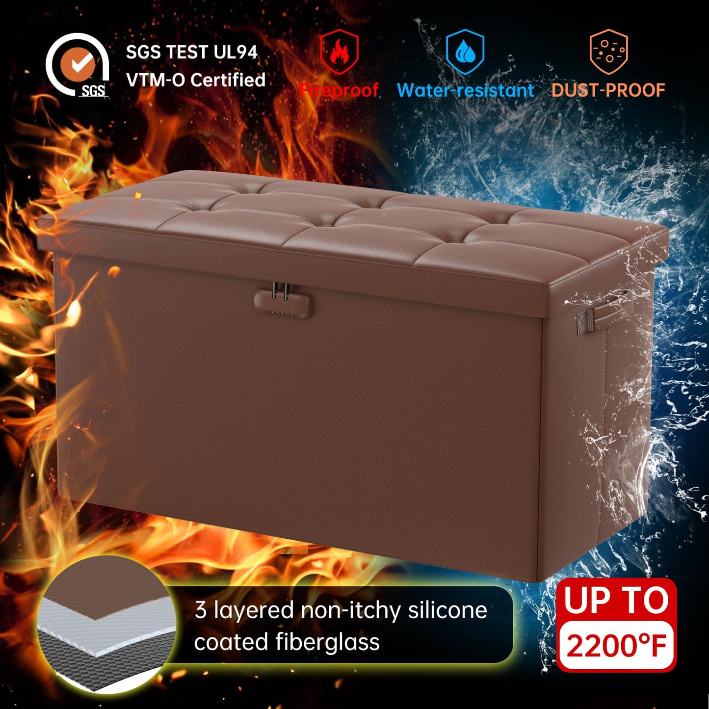 Storage stool with lock Fireproof folding ottoman Storage box with storage for important documents Waterproof 43.18 cm Short ottoman with handle JOOFIRE
