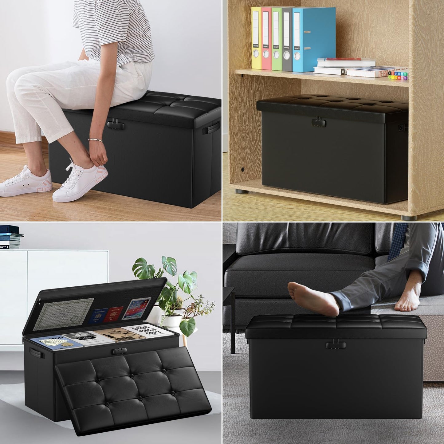 Storage stool with lock Fireproof folding ottoman Storage box with storage for important documents Waterproof 43.18 cm Short ottoman with handle JOOFIRE