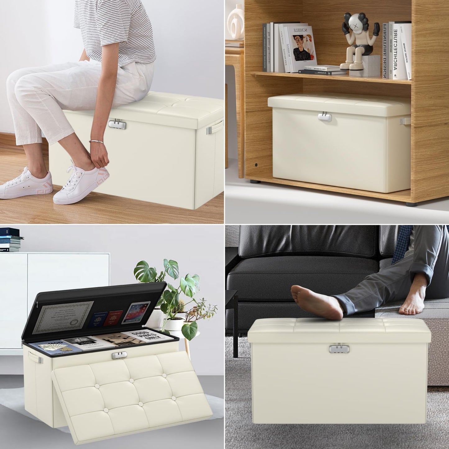 Storage stool with lock Fireproof folding ottoman Storage box with storage for important documents Waterproof 43.18 cm Short ottoman with handle JOOFIRE