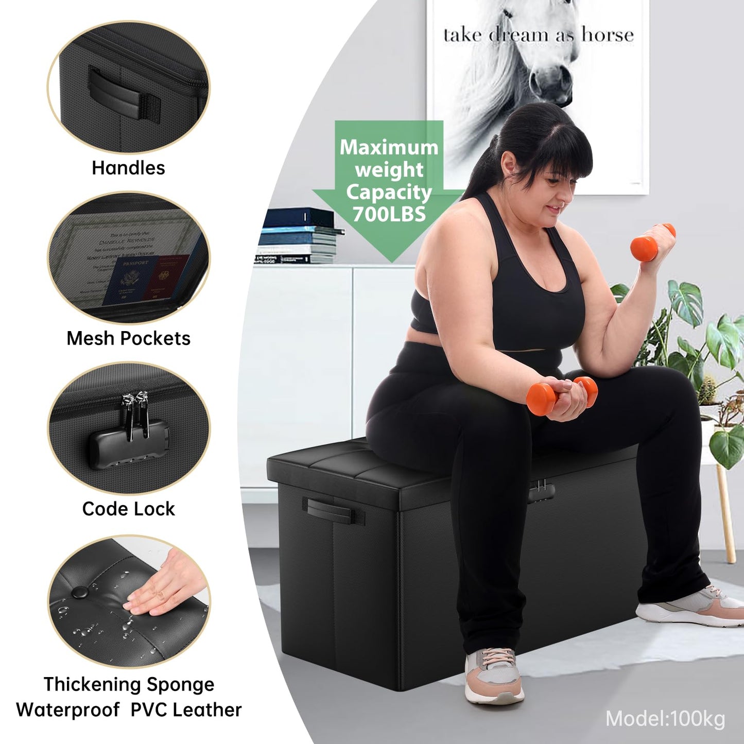 Storage stool with lock Fireproof folding ottoman Storage box with storage for important documents Waterproof 43.18 cm Short ottoman with handle JOOFIRE