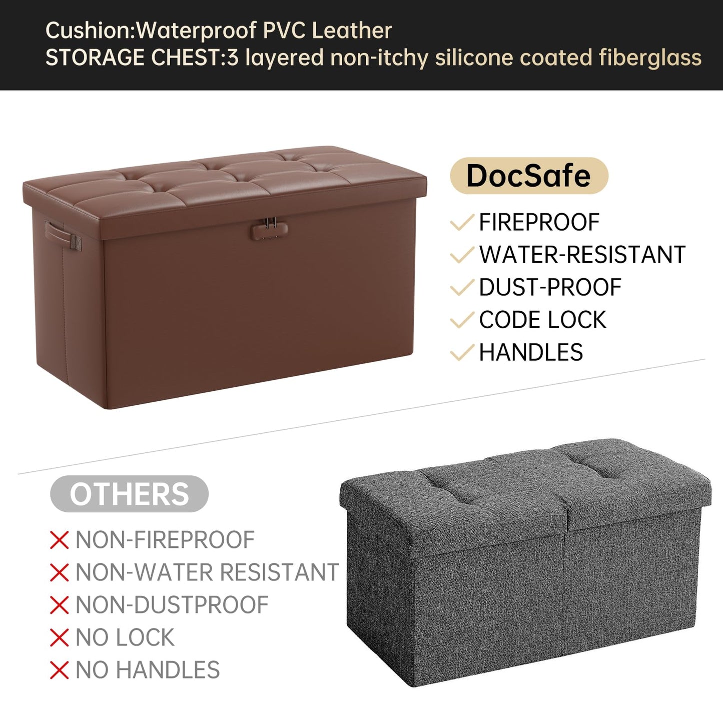 Storage stool with lock Fireproof folding ottoman Storage box with storage for important documents Waterproof 43.18 cm Short ottoman with handle JOOFIRE