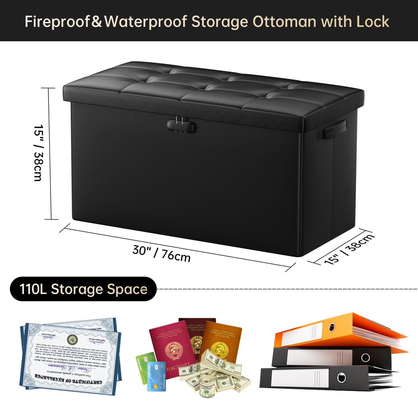 Storage stool with lock Fireproof folding ottoman Storage box with storage for important documents Waterproof 43.18 cm Short ottoman with handle JOOFIRE