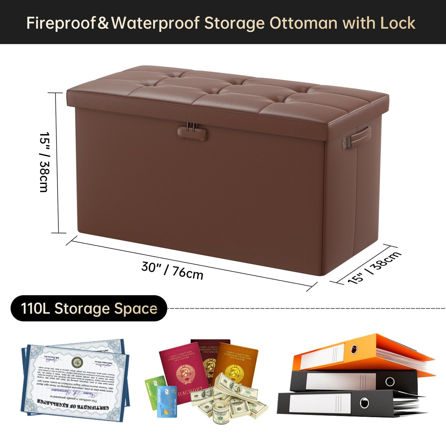 Storage stool with lock Fireproof folding ottoman Storage box with storage for important documents Waterproof 43.18 cm Short ottoman with handle JOOFIRE