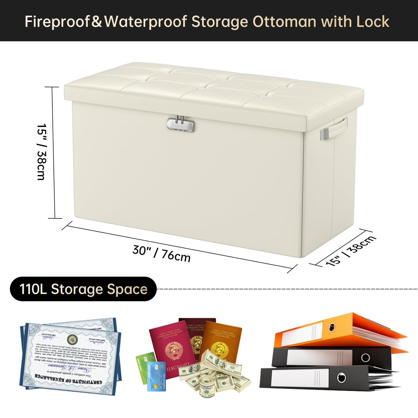Storage stool with lock Fireproof folding ottoman Storage box with storage for important documents Waterproof 43.18 cm Short ottoman with handle JOOFIRE